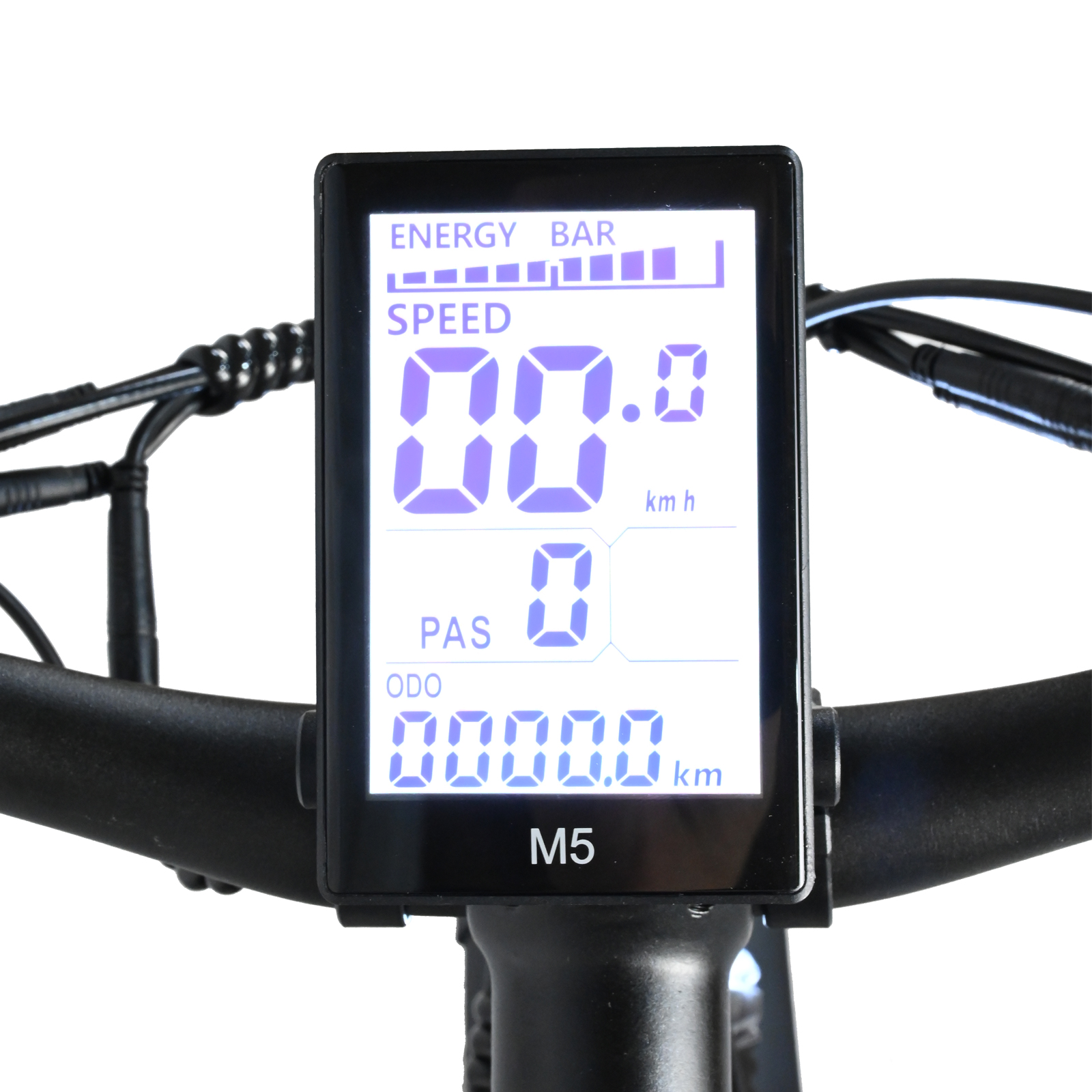 Pantalla de ordenador de bicicleta que muestra la velocidad 00,0 km/h, PAS 0, ODO 00000,0 km y barra de energía.