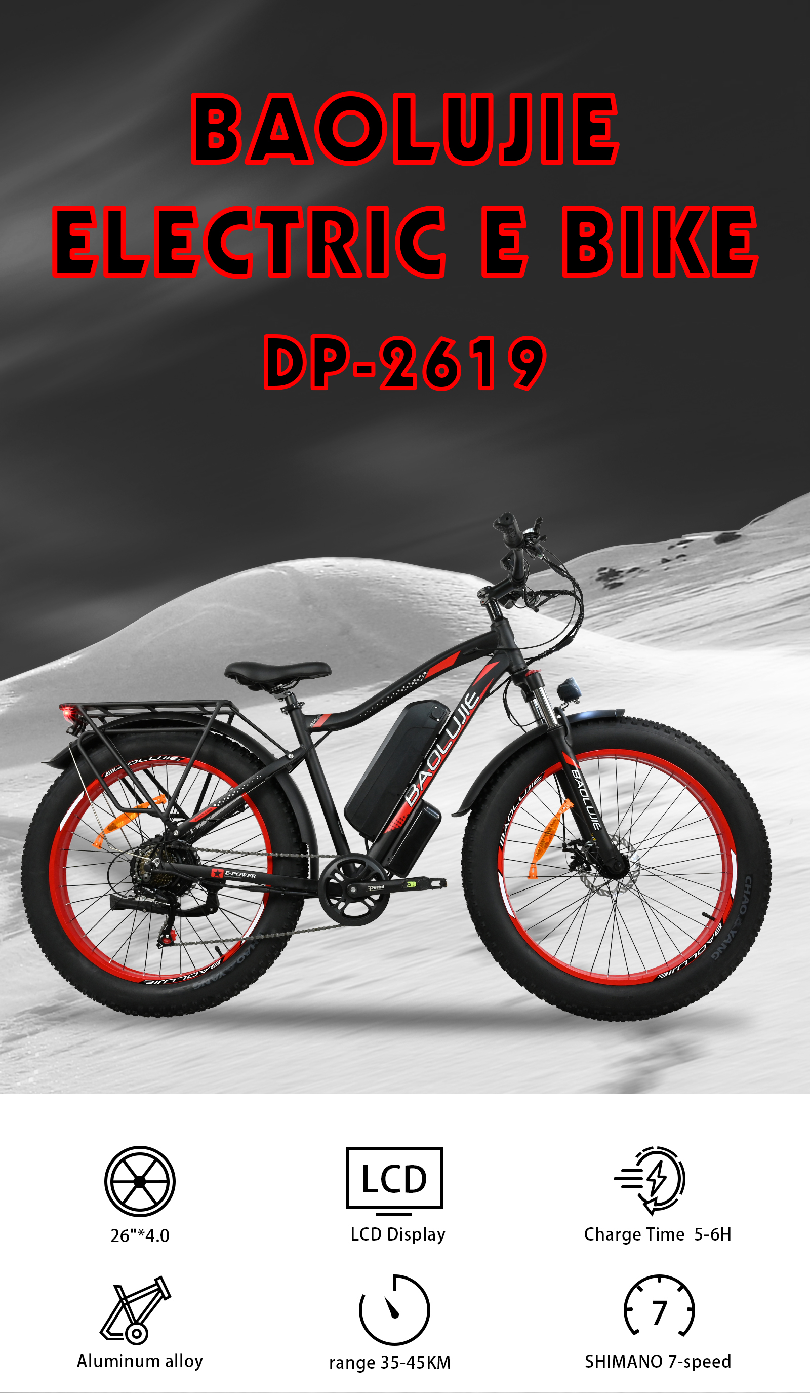 Bicicleta eléctrica BAOLUJIE negra con detalles rojos. Incluye llantas anchas, pantalla LCD y Shimano de 7 velocidades. Fondo blanco nevado.