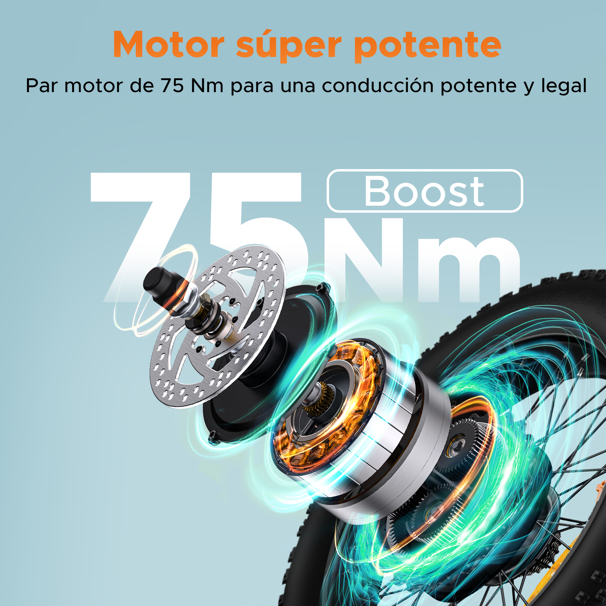 Vista esplosa di una ruota e-bike, evidenziando motore e disco freno. Testo: '75 Nm'.