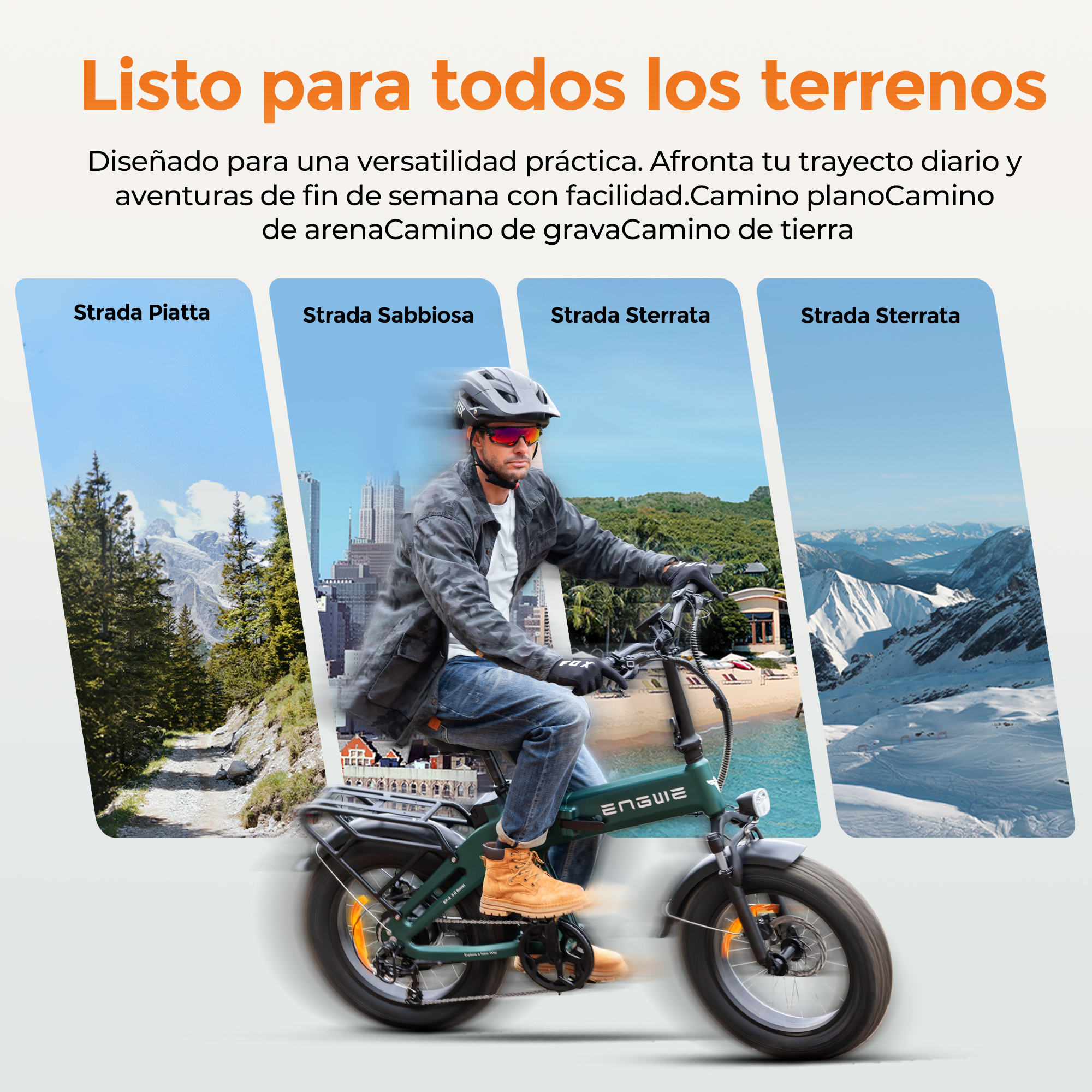 Un uomo guida una bici elettrica. Sfondi mostrano diversi terreni: sentiero di montagna, città, spiaggia, montagne innevate.