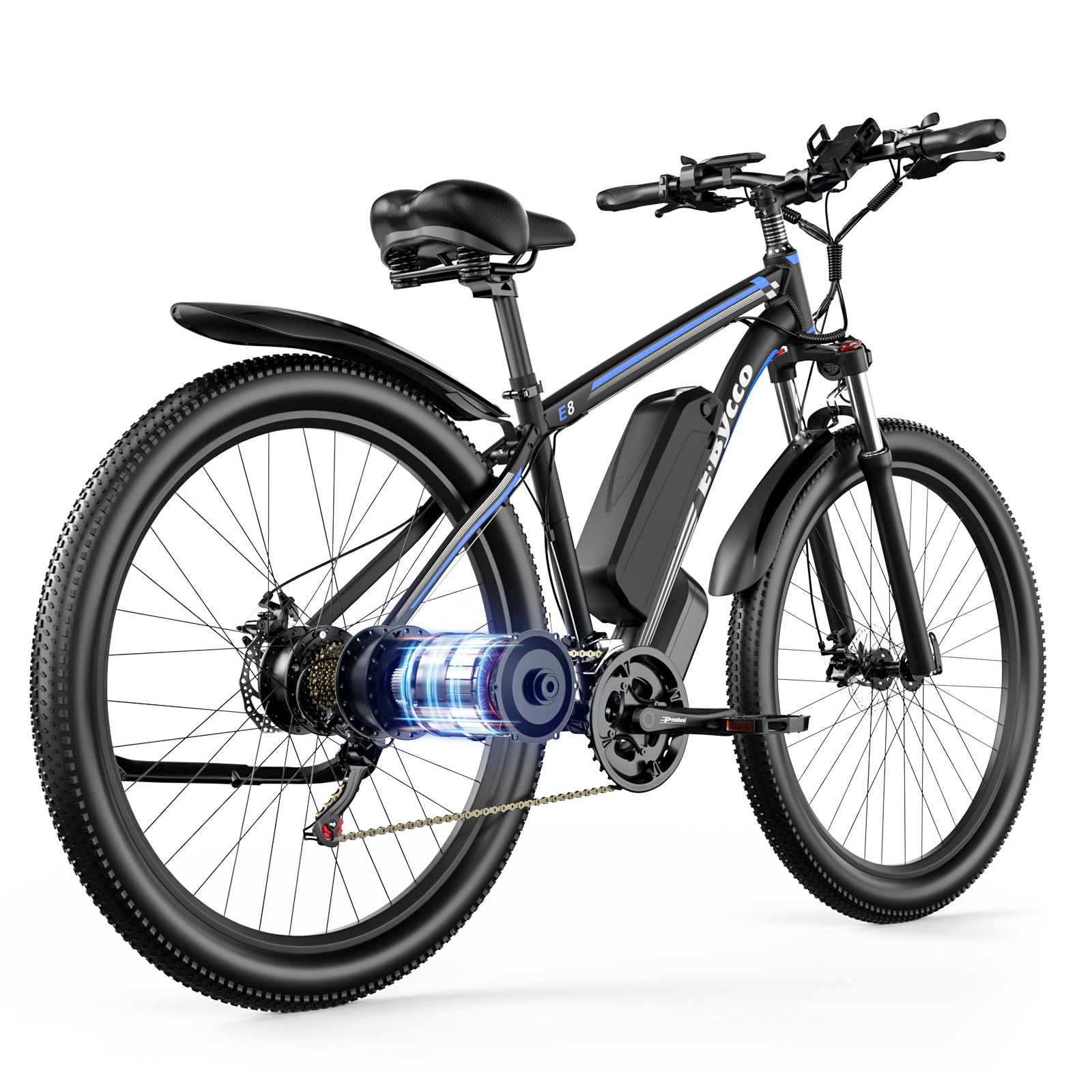 Schwarzes Elektrofahrrad auf weißem Hintergrund. Verfügt über einen Akku, Motor und Mountainbike-Reifen. Blaue Akzente.