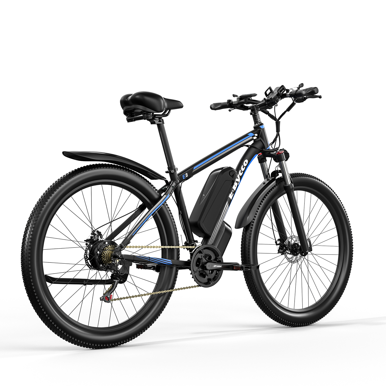 Ein schwarzes Elektrofahrrad mit blauen Akzenten. Es hat große Reifen und einen Akku. Der Hintergrund ist weiß.