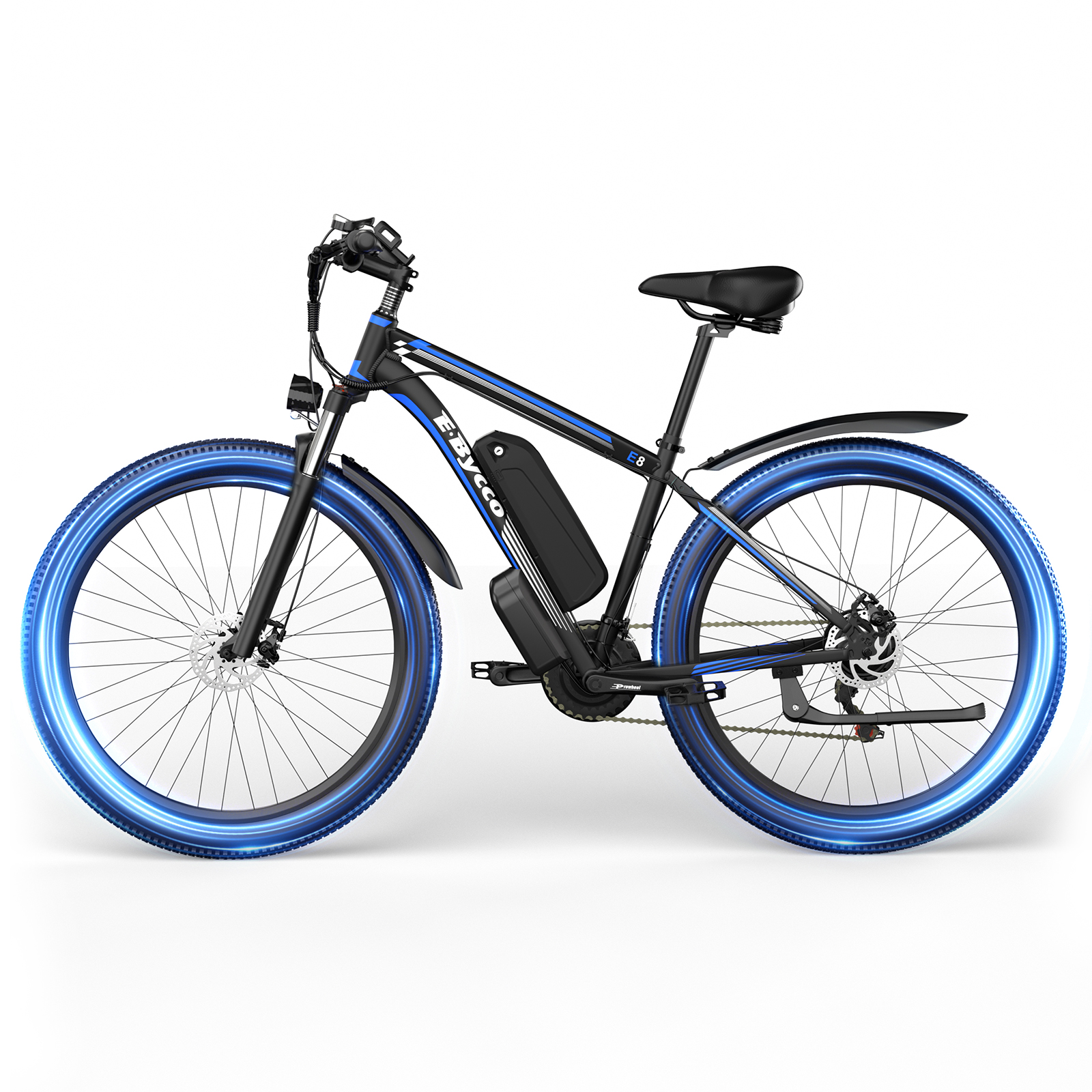 Schwarzes und blaues Elektrofahrrad auf weißem Hintergrund. Merkmale: blaue Räder, schwarzer Rahmen und Akku.