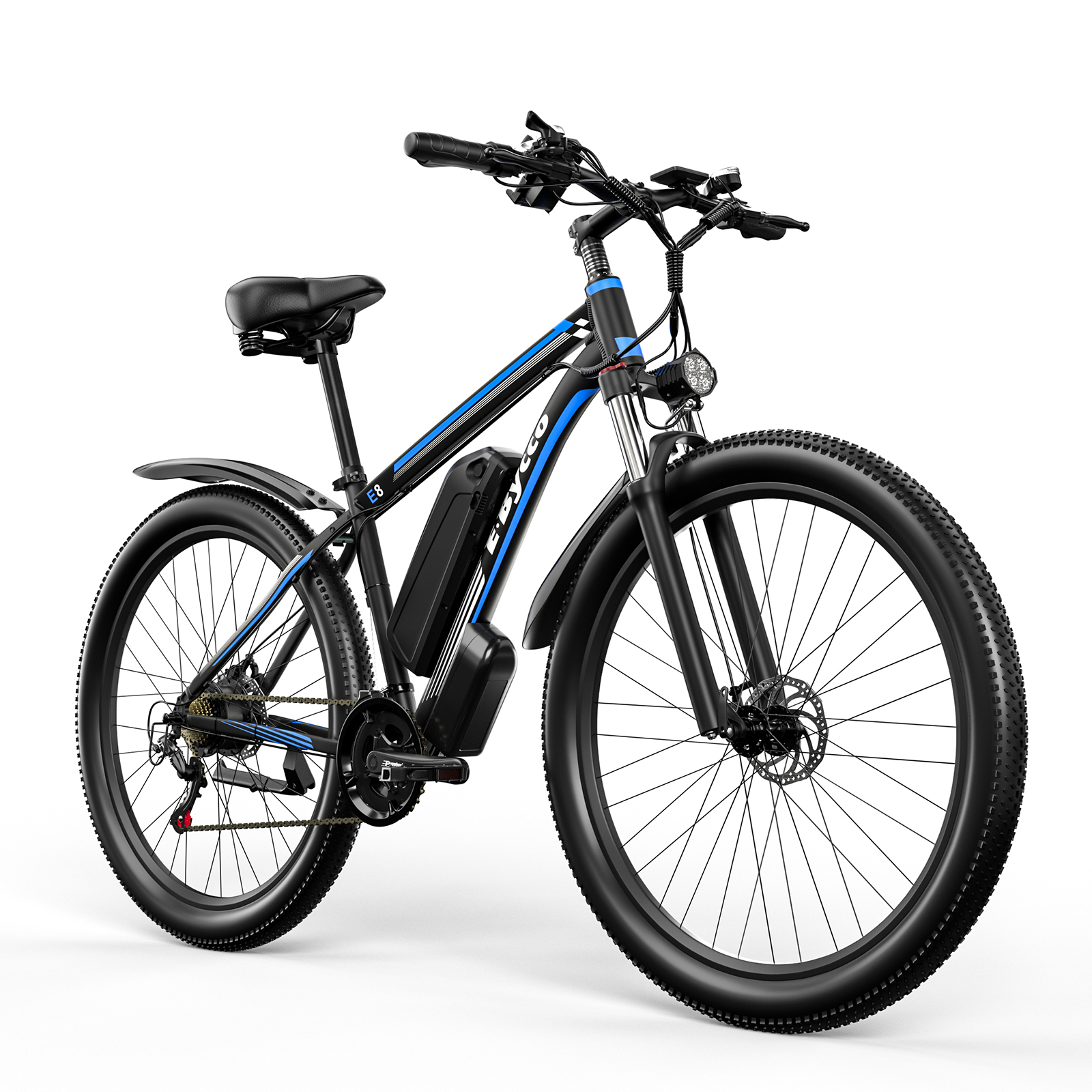 Schwarzes Elektrofahrrad auf weißem Grund. Mit blauen Akzenten. Enthält Akku, Lichter und dicke Reifen.