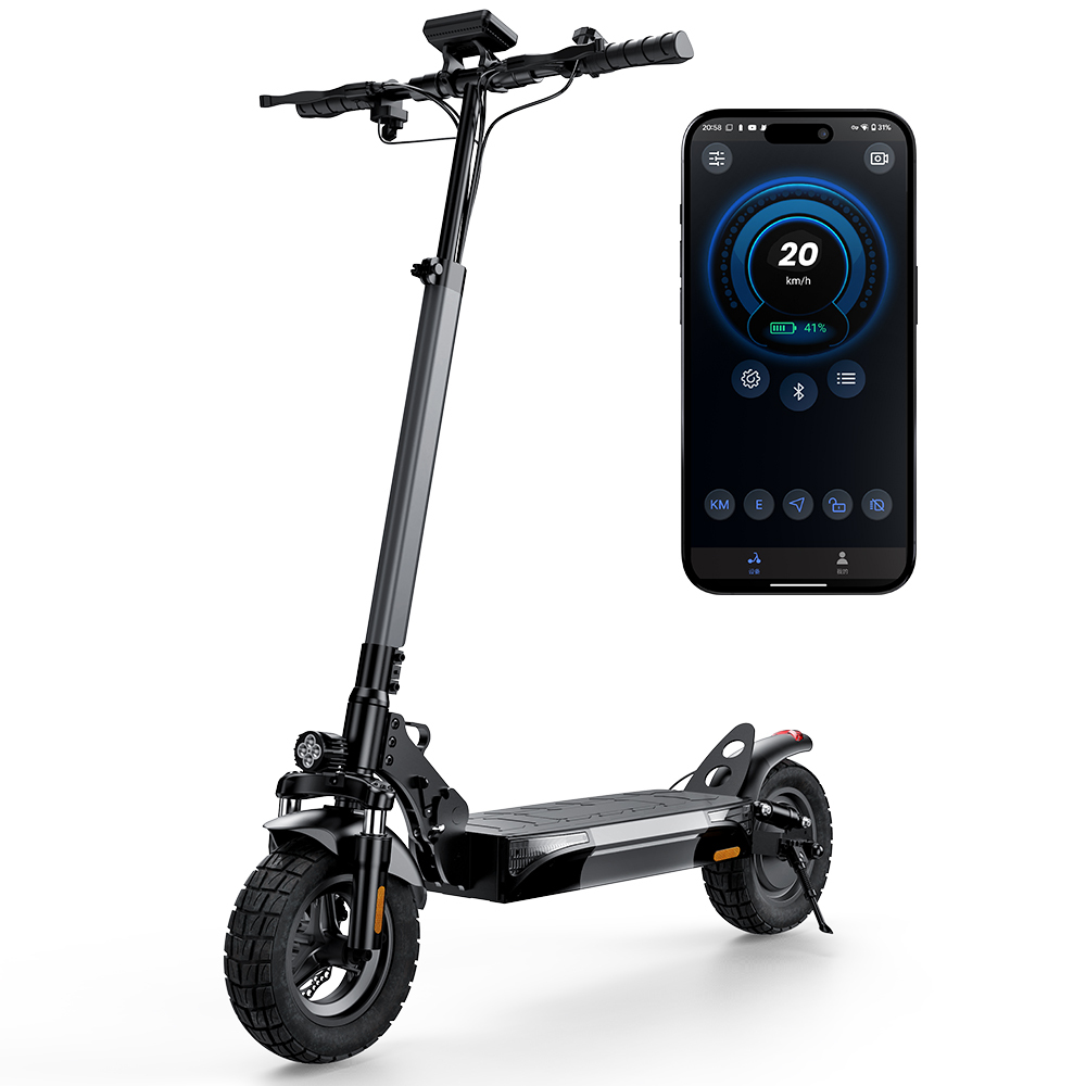 Scooter elettrico nero con telefono che mostra la velocità. La velocità è di 20 km/h. Batteria al 41%.