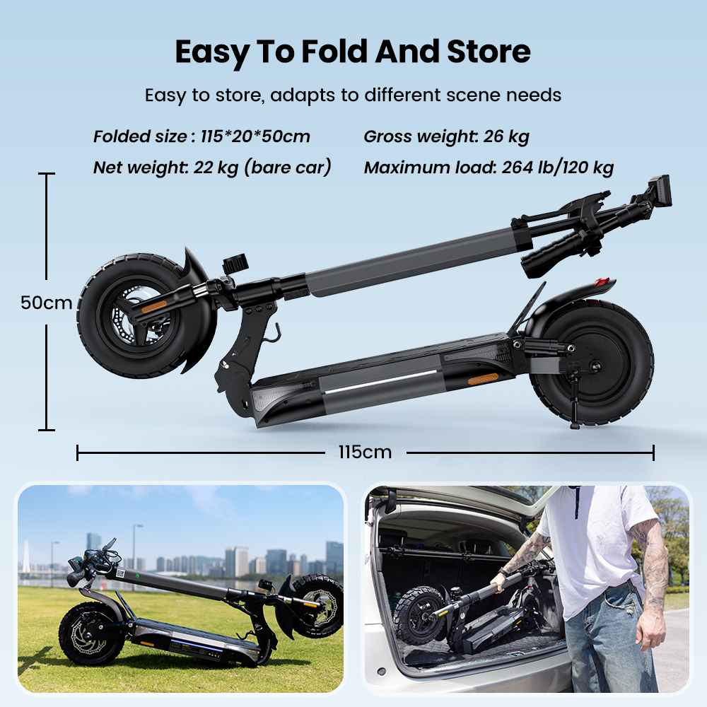 Un monopattino elettrico è piegato. Il testo indica dimensioni, peso e carico massimo. Due immagini più piccole mostrano lo scooter in uso e in un'auto.