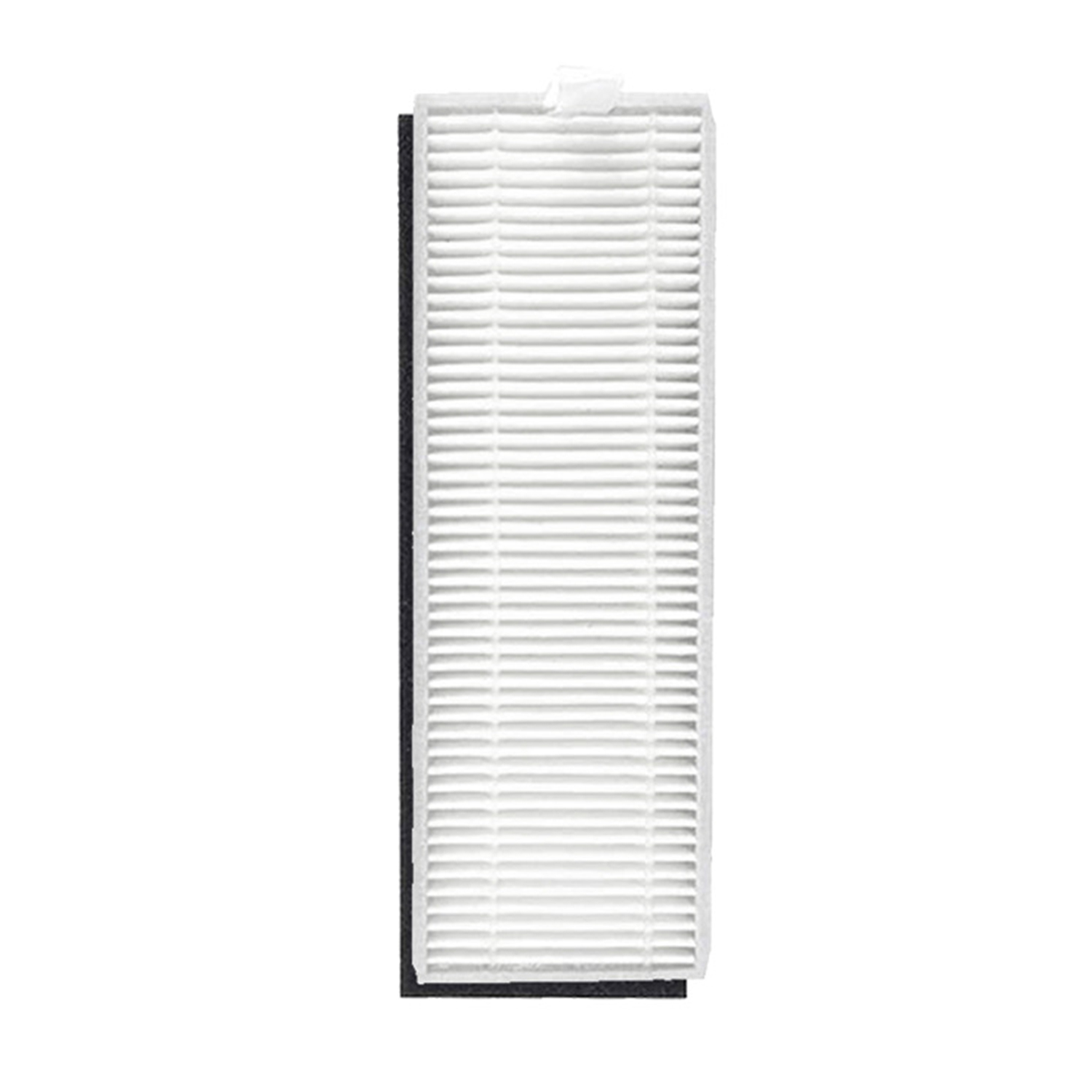 Prostokątny filtr powietrza z białym, plisowanym papierem i czarną obwódką na dole. Filtr jest na białym tle.