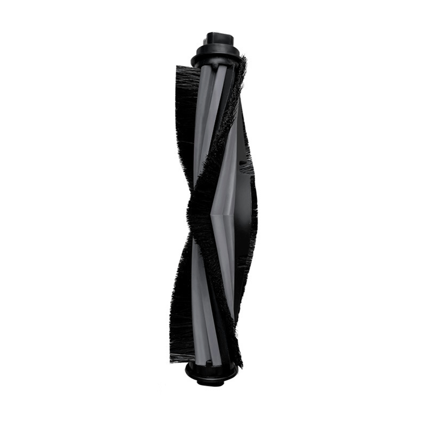 Zbliżenie szczotki do odkurzacza. Ma czarne włosie, szare elementy z tworzywa sztucznego i czarne zaślepki, wyizolowane na białym tle.