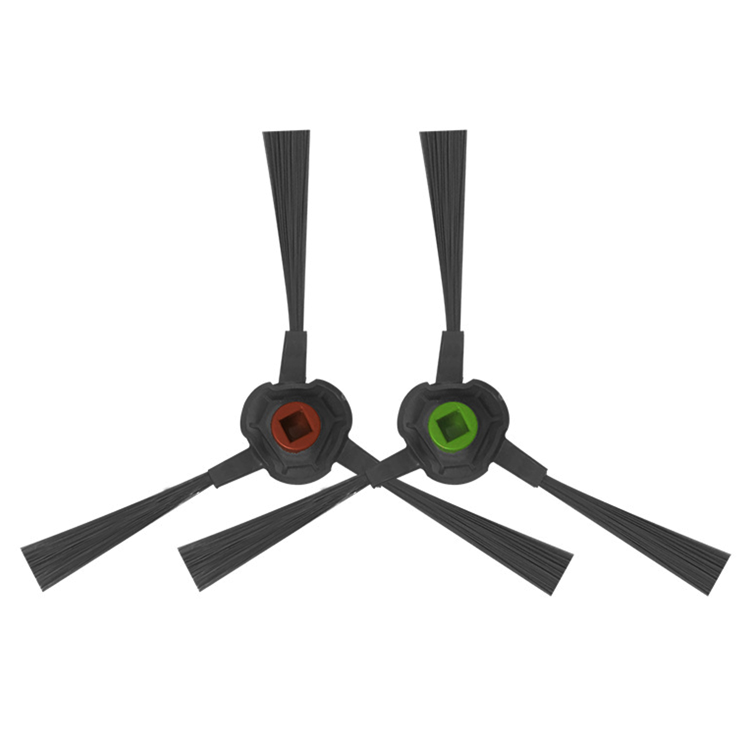 Dwie szczotki do robota sprzątającego. Jedna z czerwonym środkiem, druga z zielonym środkiem. Obie mają czarne włosie i podstawę.