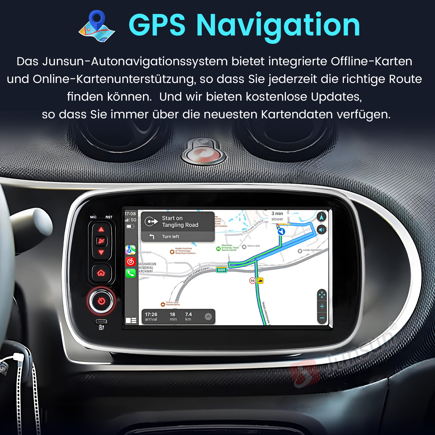 Ein Navigationsbildschirm im Auto zeigt eine Karte mit Wegbeschreibungen. Das Innere des Autos ist sichtbar.