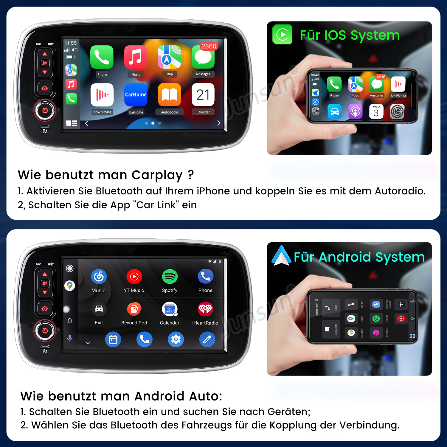 Bildschirme zeigen CarPlay- und Android Auto-Oberflächen. Anweisungen zur Verwendung werden ebenfalls angezeigt.