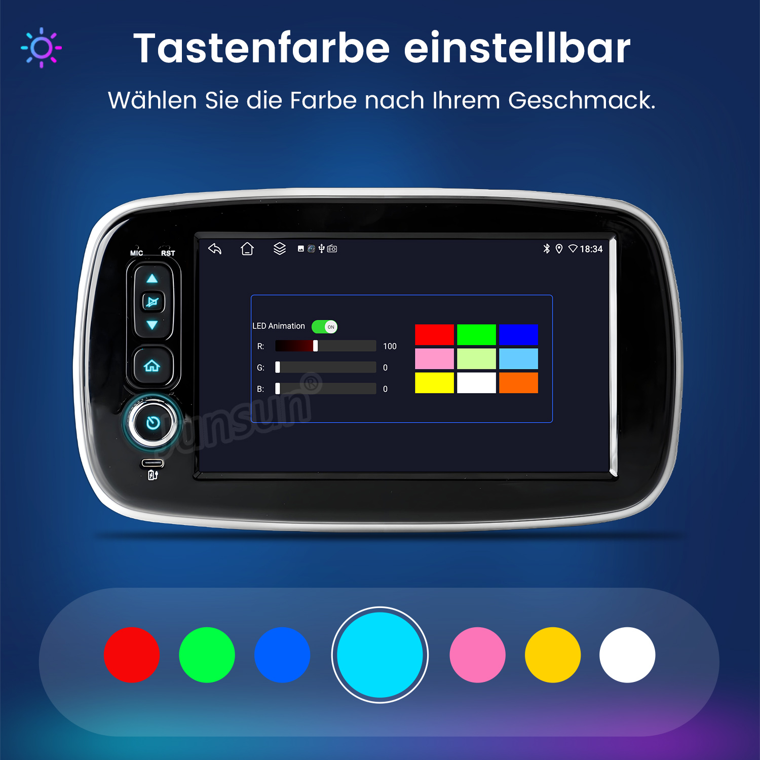 Ein Autoradio-Bildschirm zeigt Farbauswahl für Tasten. Deutscher Text ist sichtbar. Darunter sind Farboptionen wie Rot, Grün und Blau.