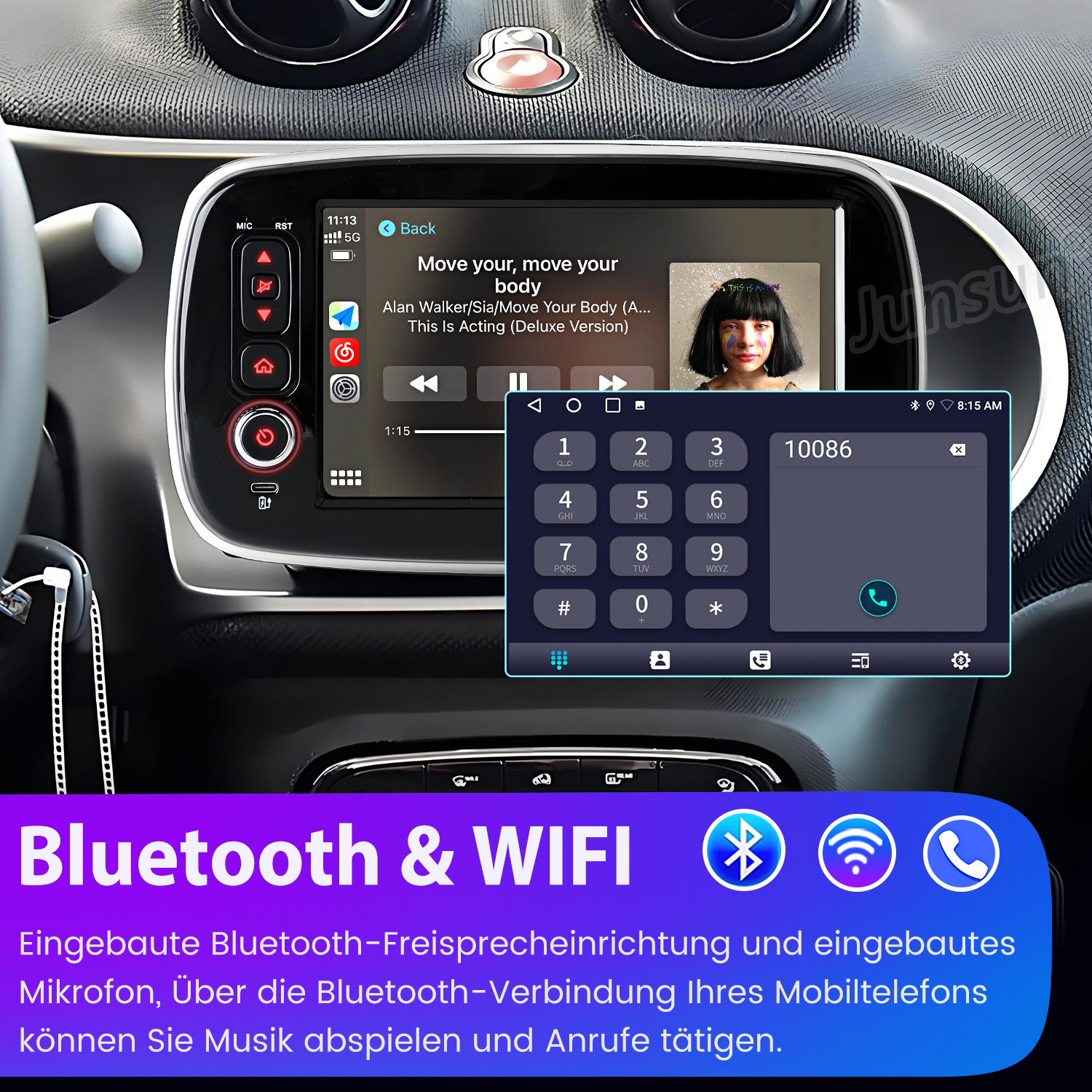System multimedialny w samochodzie. Wyświetla muzykę i dialer telefoniczny. Na dole widoczne są logo Bluetooth i Wi-Fi.