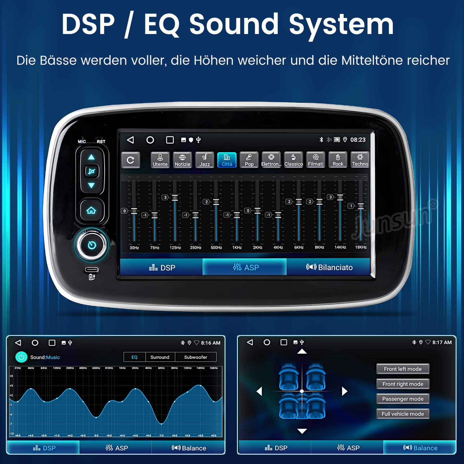 Auto-Audiosystem-Schnittstelle mit Equalizer-Einstellungen, DSP, ASP und Balance-Optionen. Zeigt verschiedene Soundmodi und Frequenzeinstellungen an.