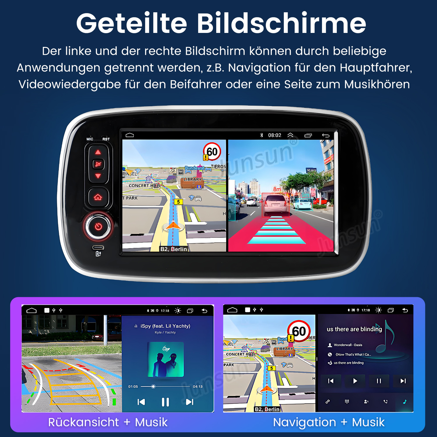Auto-Dashboard-Bildschirm mit Navigation rechts und Musikwiedergabe und Rückansicht links. Informationen und Bedienelemente sind sichtbar.