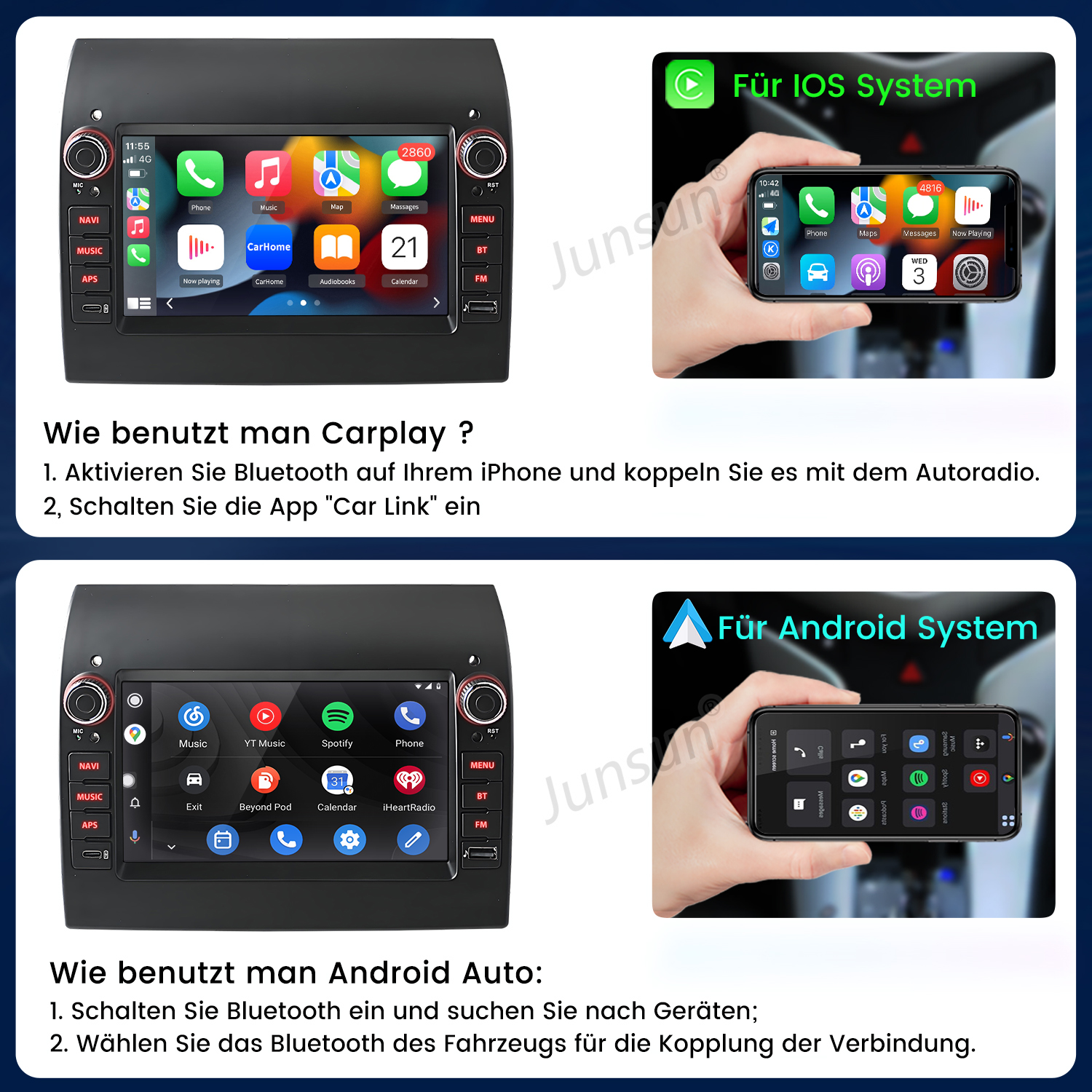 Das Bild zeigt das Multimedia-System des Autos mit Telefonbildschirmen für IOS und Android. Text erklärt die Bluetooth-Verbindung.