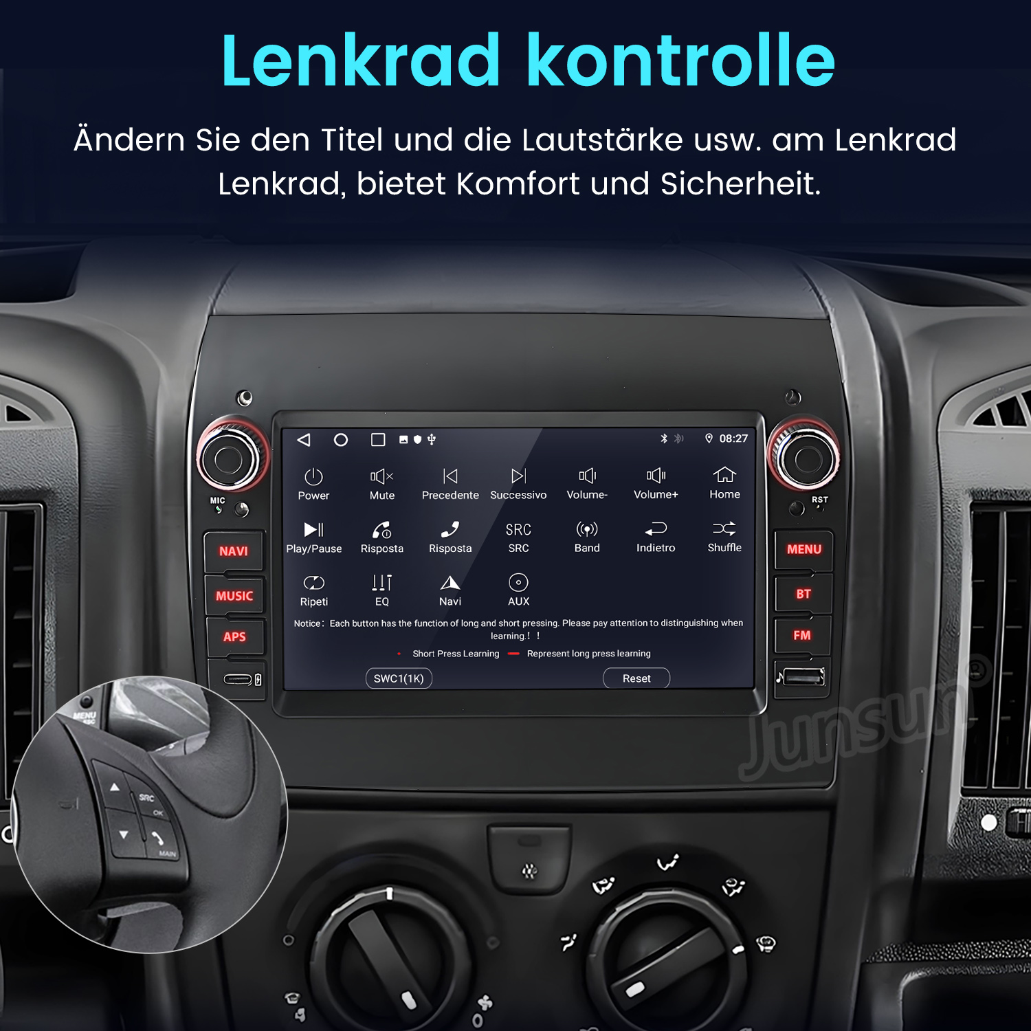 Autotafel mit Bildschirm, der Bedienelemente anzeigt. Lenkrad links, Tasten für Navigation, Musik und Radio. Text in mehreren Sprachen.