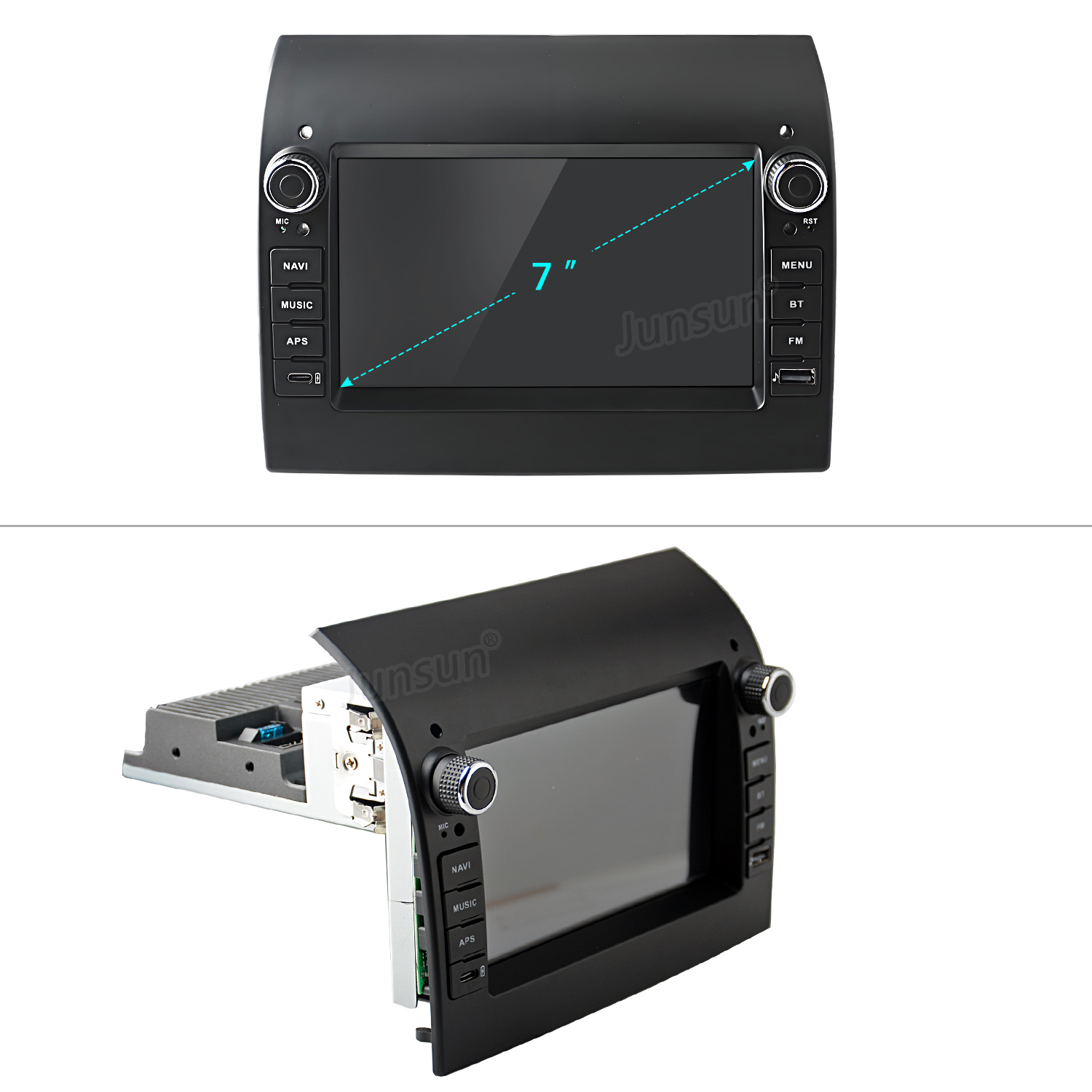 Ein Autoradio mit 7-Zoll-Bildschirm. Es hat Tasten wie NAVI, MUSIC und APS. Der Bildschirm ist schwarz, die Tasten sind schwarz und silber.
