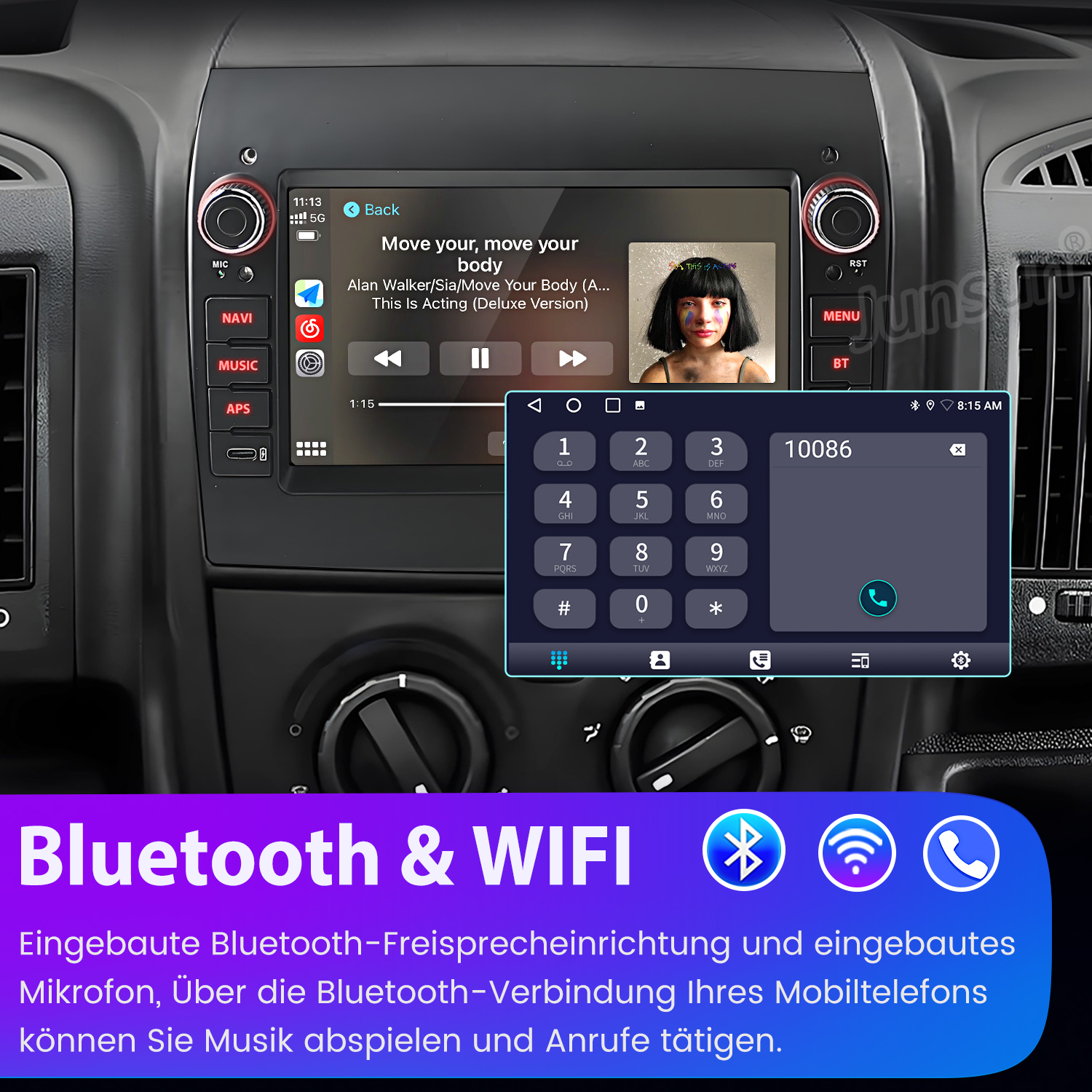 Auto-Multimedia-Systembildschirm mit Musikplayer und Telefonwählschnittstelle sowie Bluetooth- und WLAN-Symbolen.