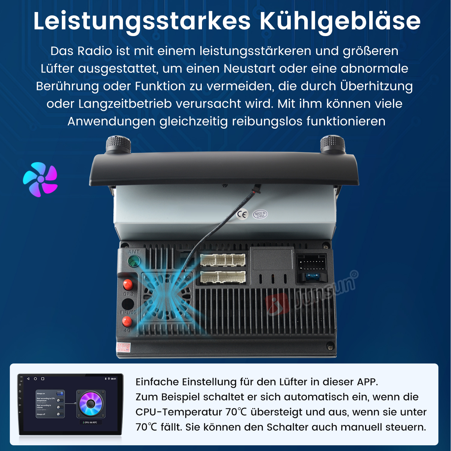 Autoradio-Rückseite mit Lüfter. Text beschreibt Funktion und Temperaturregelung. Bildschirm zeigt Einstellungen.