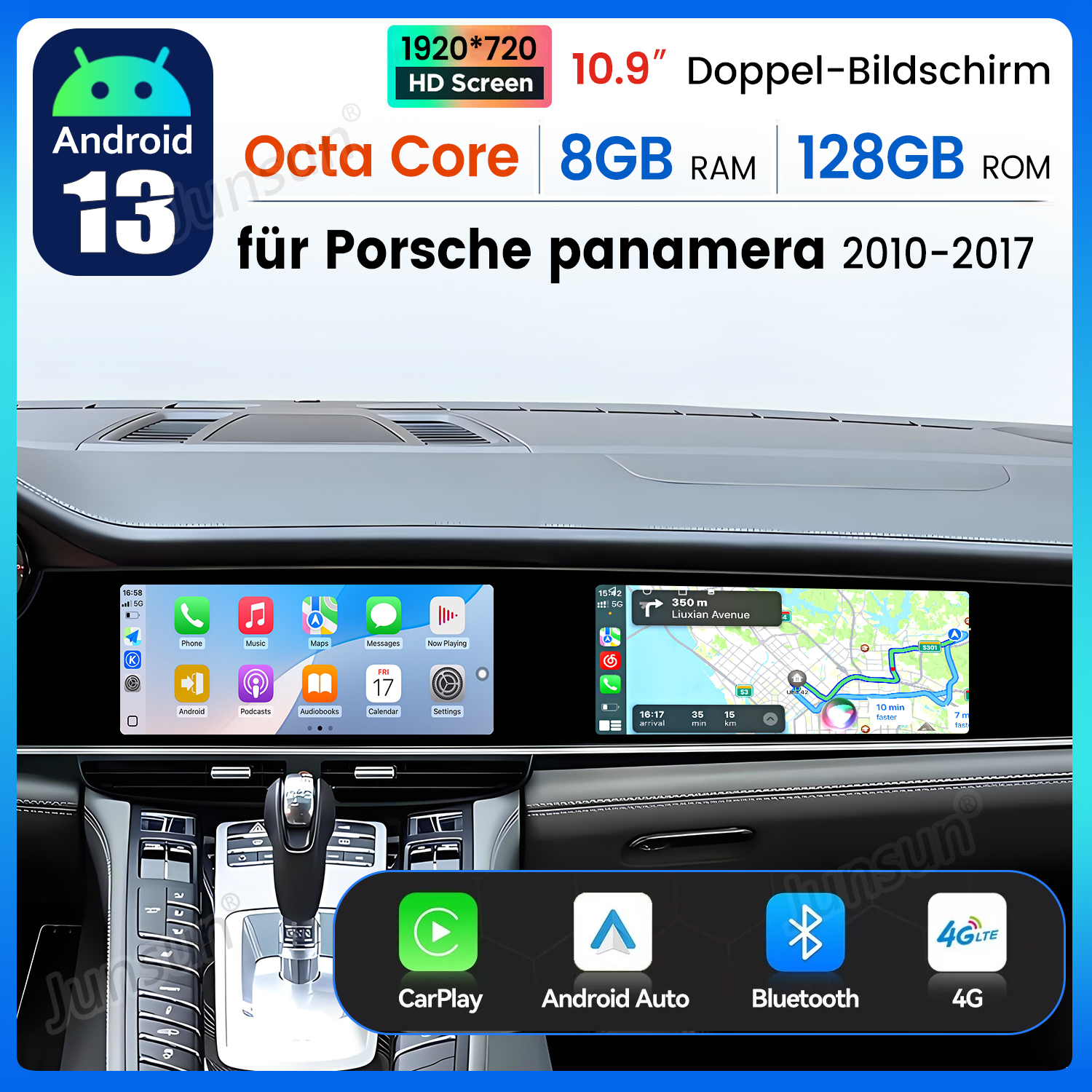 System multimedialny do Porsche Panamera. Wyświetlacz pokazuje aplikacje, nawigację i opcje połączeń, takie jak CarPlay, Android Auto, Bluetooth i 4G.