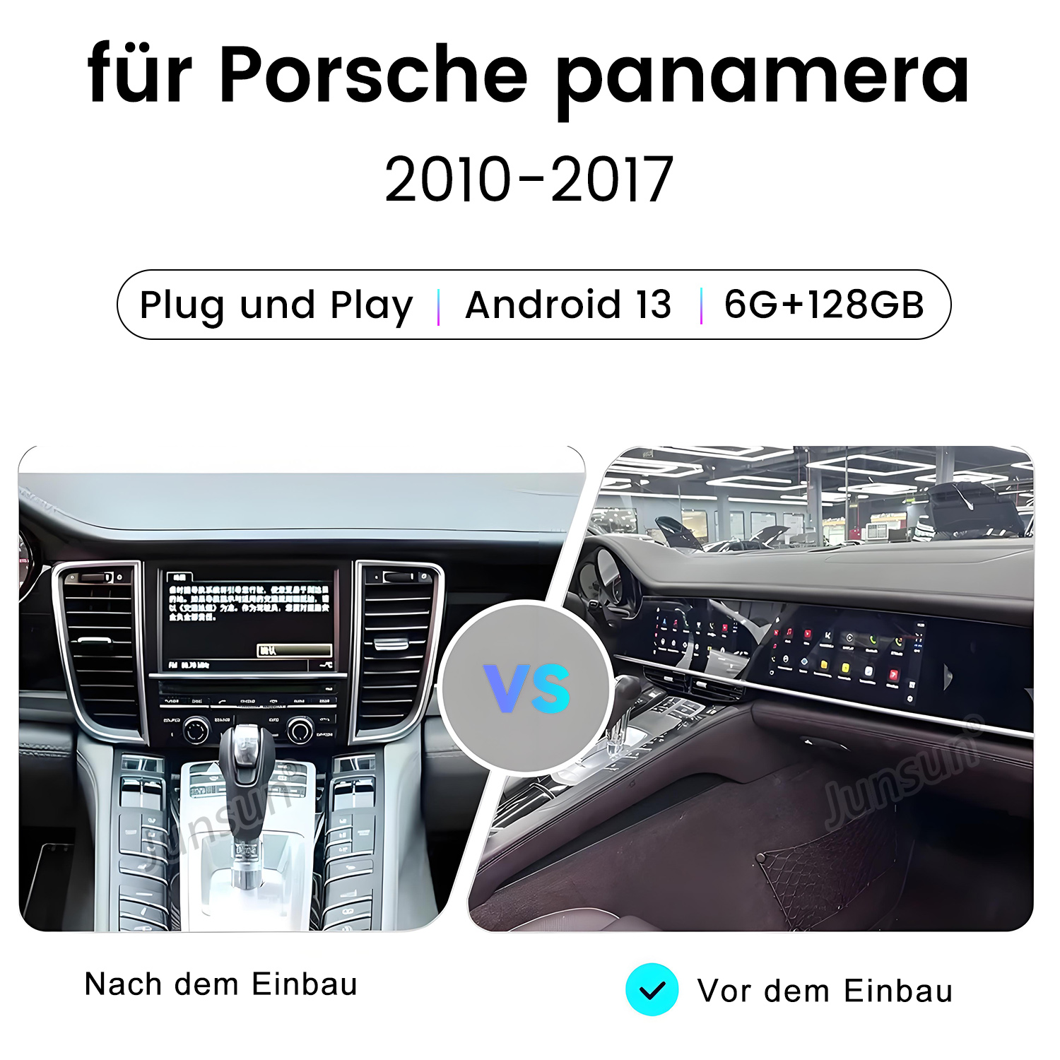 Obraz pokazuje wnętrza samochodów: po lewej, stary system; po prawej, nowy system Android. Tekst porównuje 'Nach dem Einbau' i 'Vor dem Einbau'.