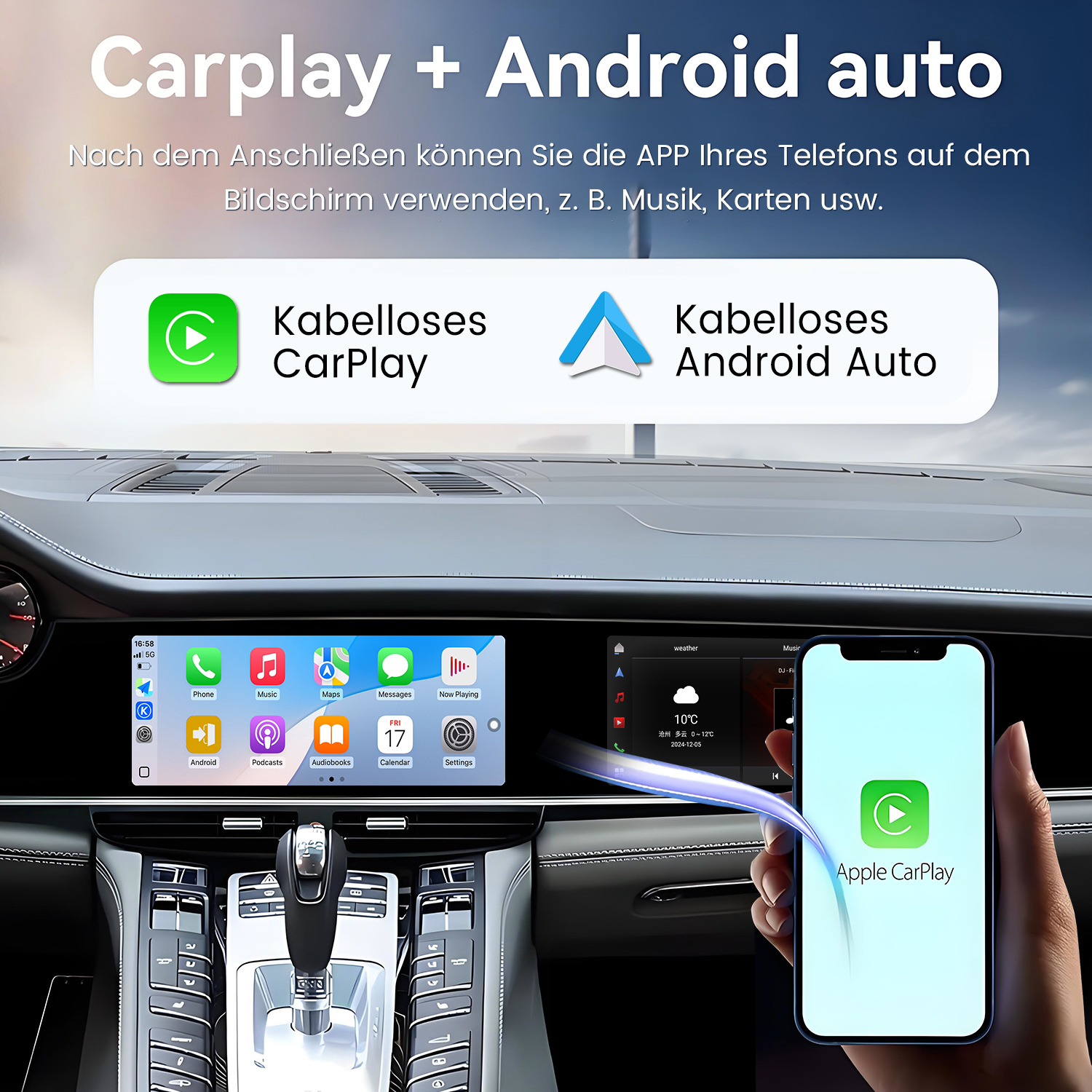 Carplay + Android auto. Ekran telefonu wyświetla aplikacje. Ręka trzyma telefon z logo Apple CarPlay. Wnętrze samochodu w tle.