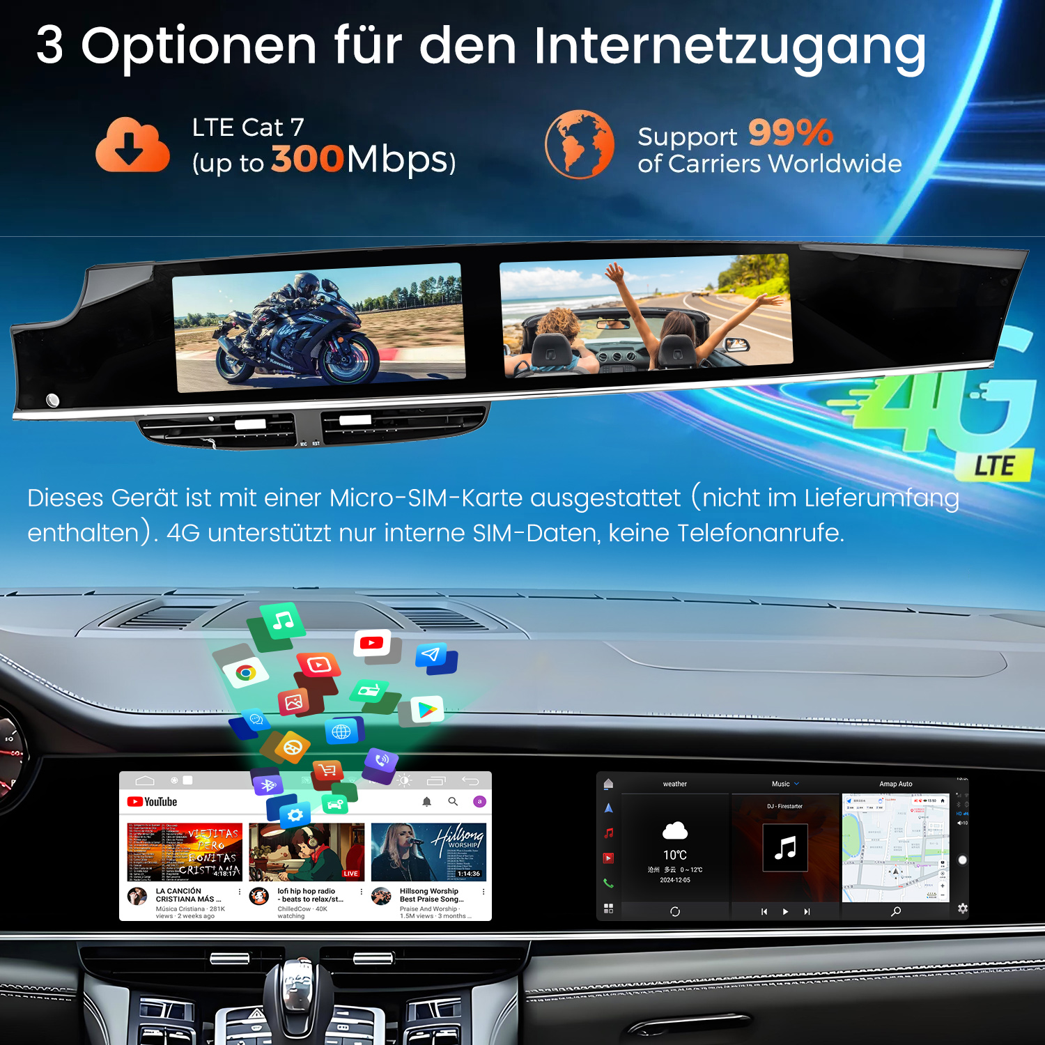 Armaturenbrett mit Bildschirmen, die ein Motorrad, ein Auto, YouTube, Musik und Wetter zeigen, mit Text zum Internetzugang.