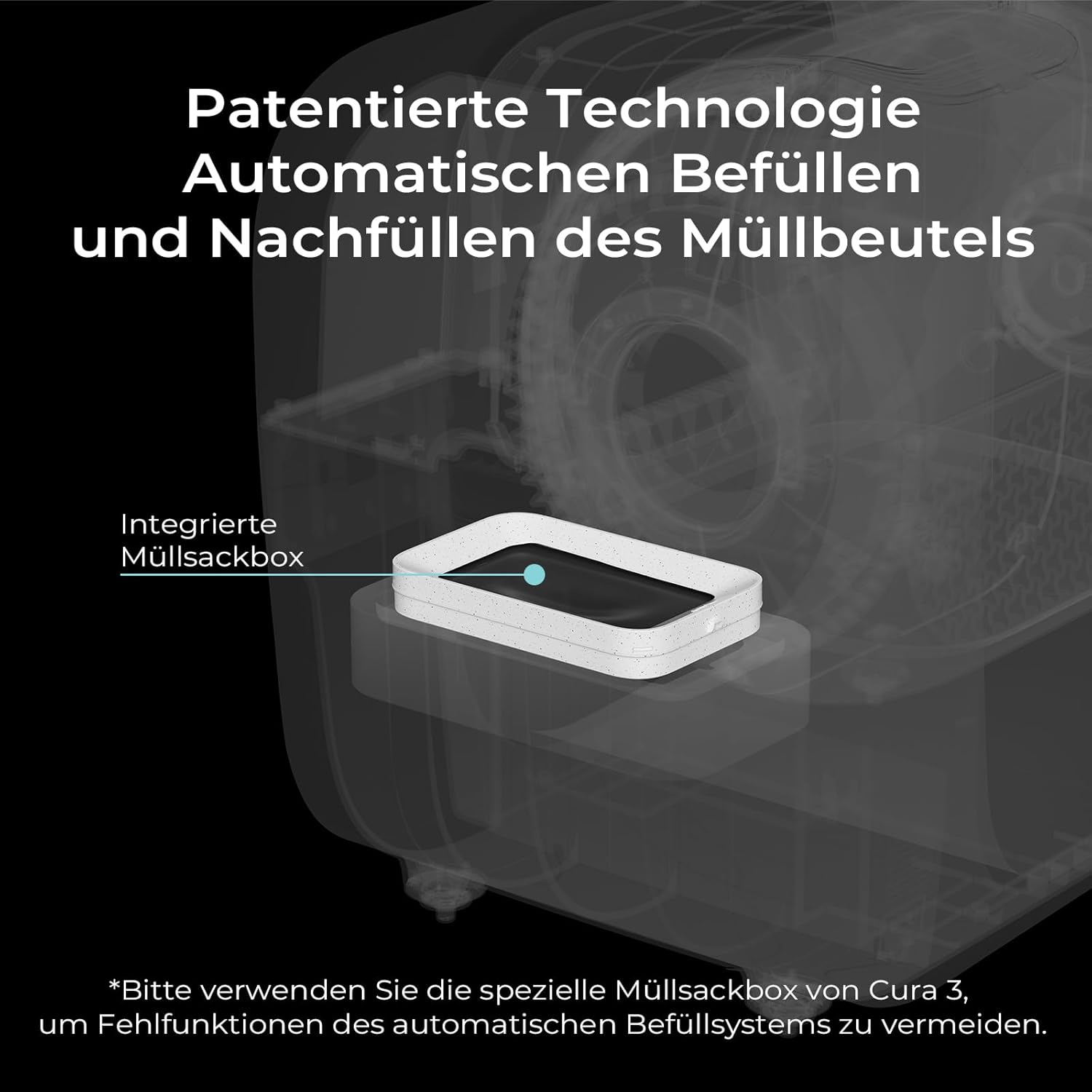 Eine weiße Box mit schwarzer Oberseite wird hervorgehoben und zeigt die integrierte Müllsackbox in einer transparenten Maschine.
