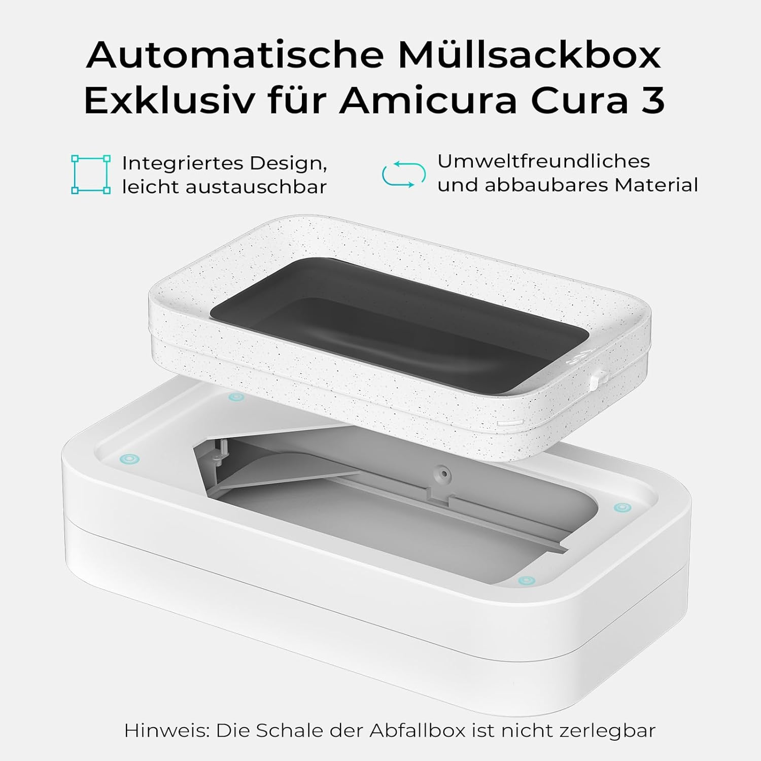 Weiße und graue Kunststoff-Mülltonne mit Deckel. Text: Automatische Müllsackbox exklusiv für Amicura Cura 3.