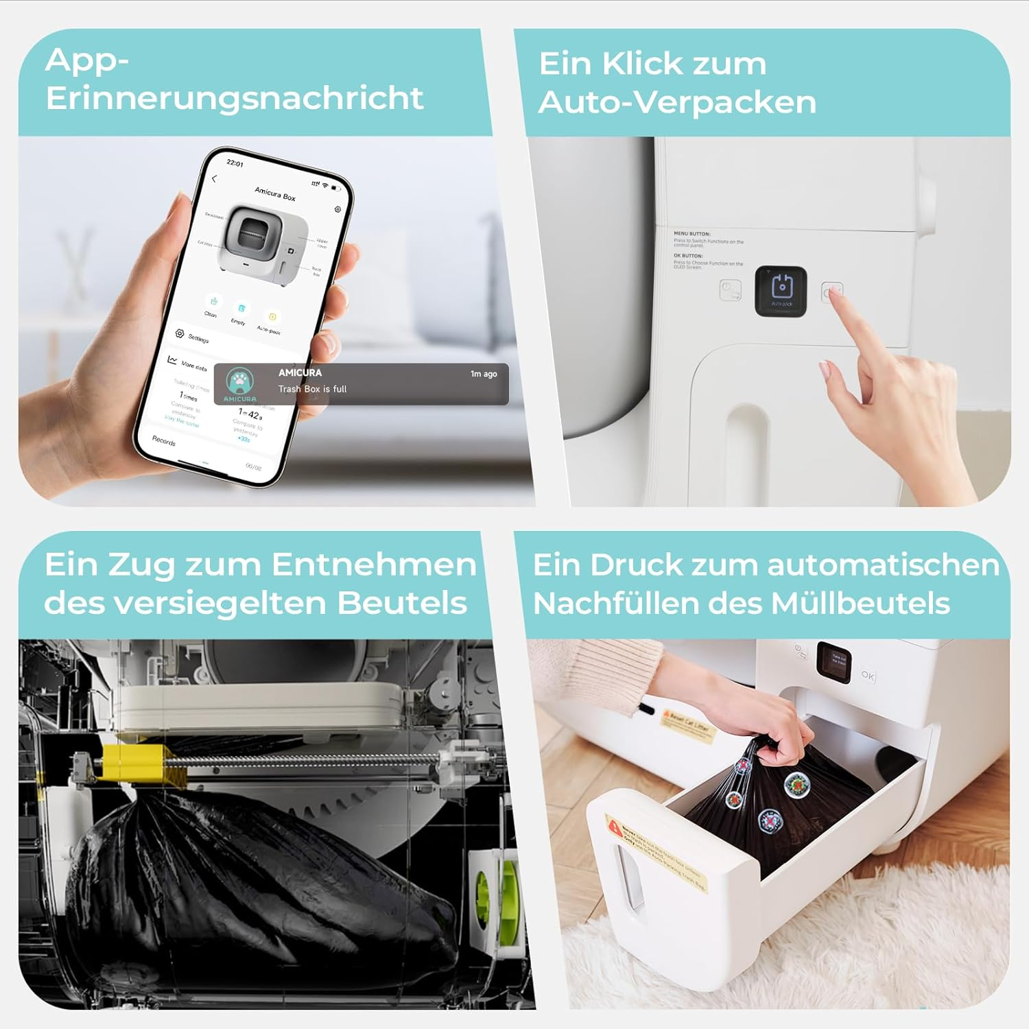 Vier Bilder zeigen Gerätefunktionen: App-Benachrichtigung, Auto-Pack-Taste, Entfernung versiegelter Beutel und automatisches Nachfüllen.