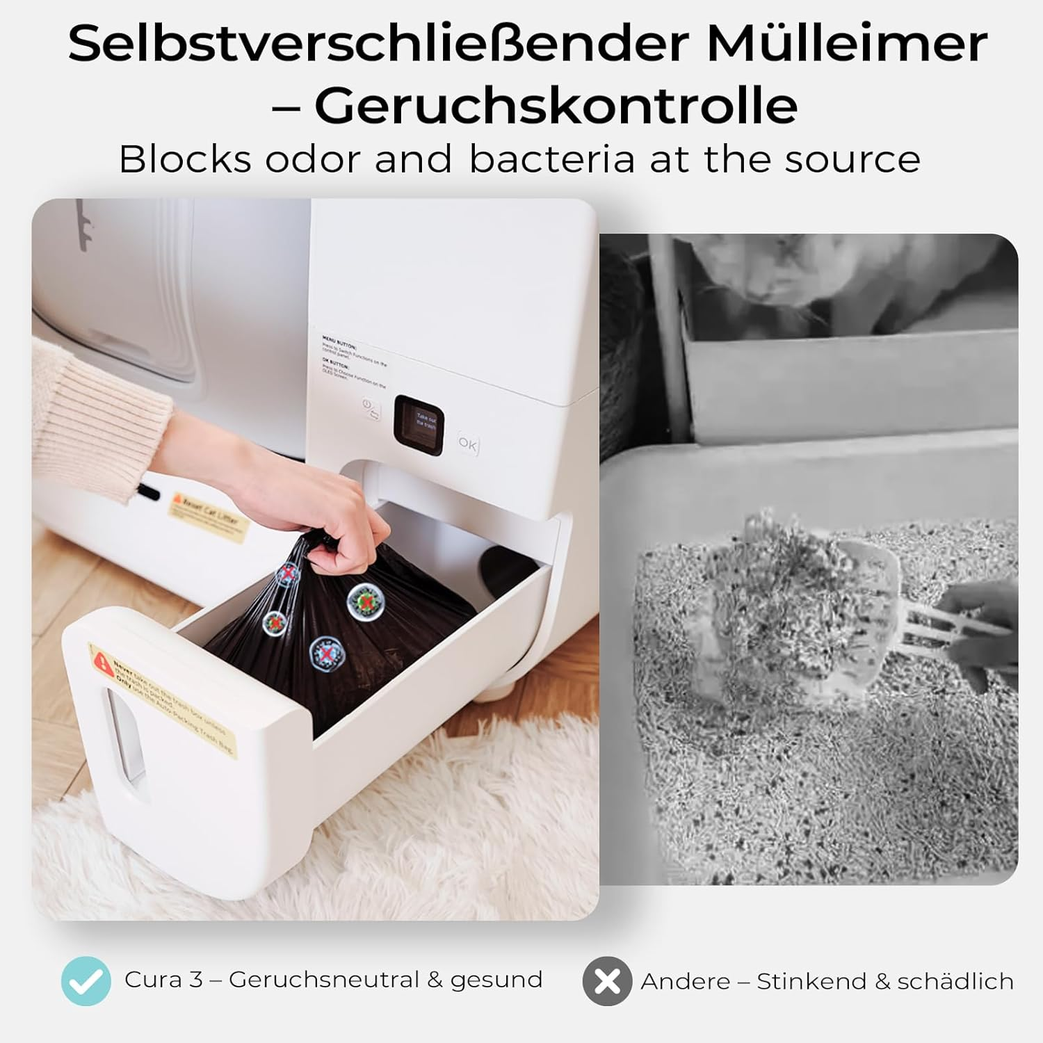 Eine Person legt einen Müllbeutel in einen selbstverschließenden Mülleimer. Das Bild zeigt auch eine Katzentoilette.