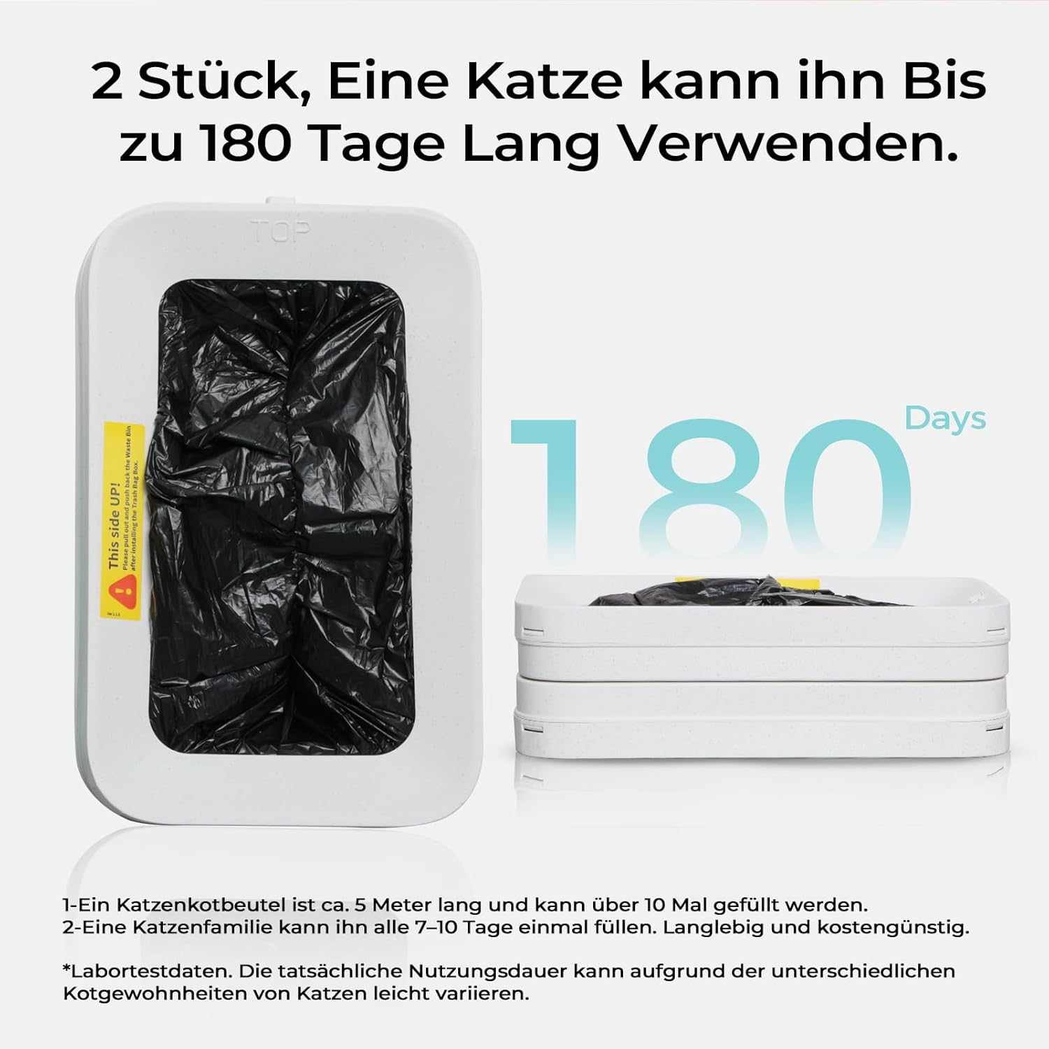 Weißer Behälter mit schwarzem Müllsack, im Hintergrund die Zahl 180 und das Wort Tage.