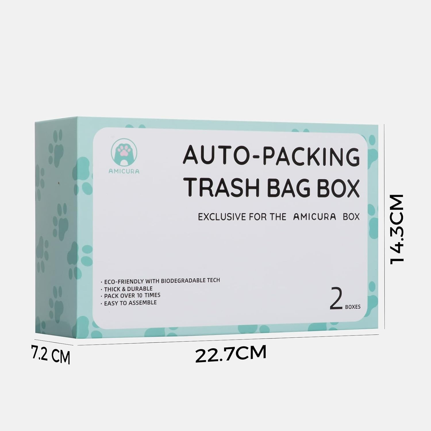 Eine hellblaue Schachtel mit der Aufschrift "AUTO-PACKING TRASH BAG BOX" mit Abmessungen und Merkmalen. Mit Amicura-Logo und "2 BOXES".