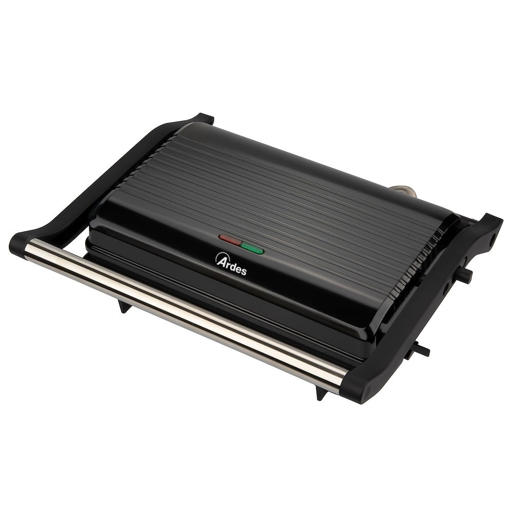 Ein schwarzer Ardes-Panini-Grill mit silbernem Griff auf weißem Hintergrund. Der Grill ist geöffnet und einsatzbereit.