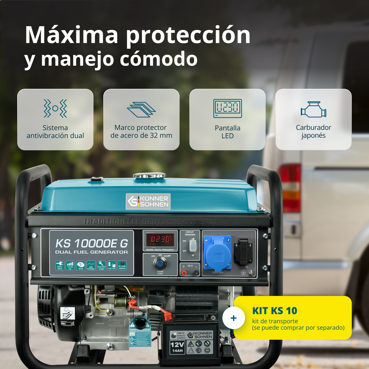 Un generador turquesa y negro con texto e iconos, contra un fondo borroso. Contiene el texto: KS 10000E G, generador de combustible dual.