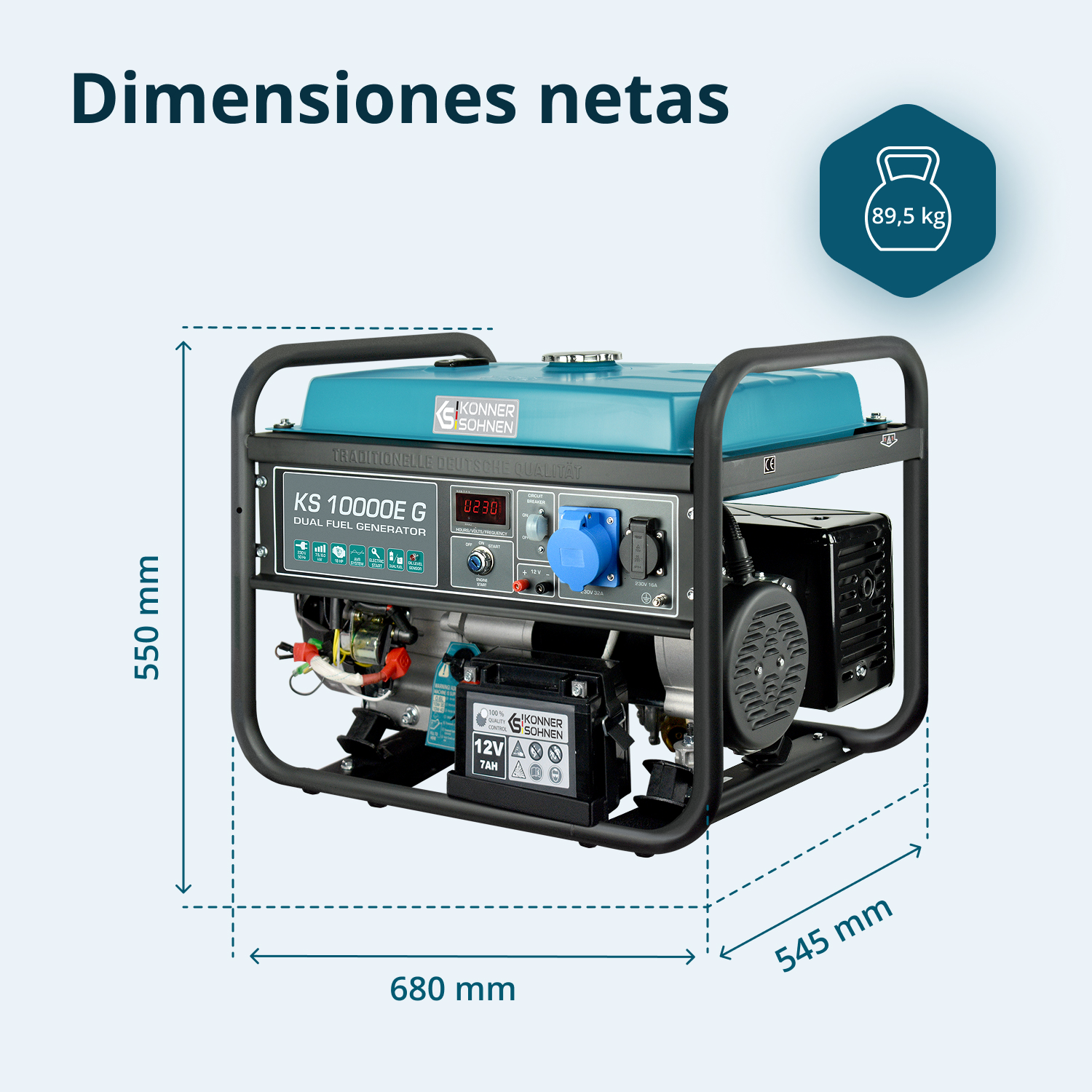 Un generador con dimensiones mostradas. Tiene una parte superior color turquesa y un marco negro. Medidas: 680x545x550 mm, peso 89,5 kg.