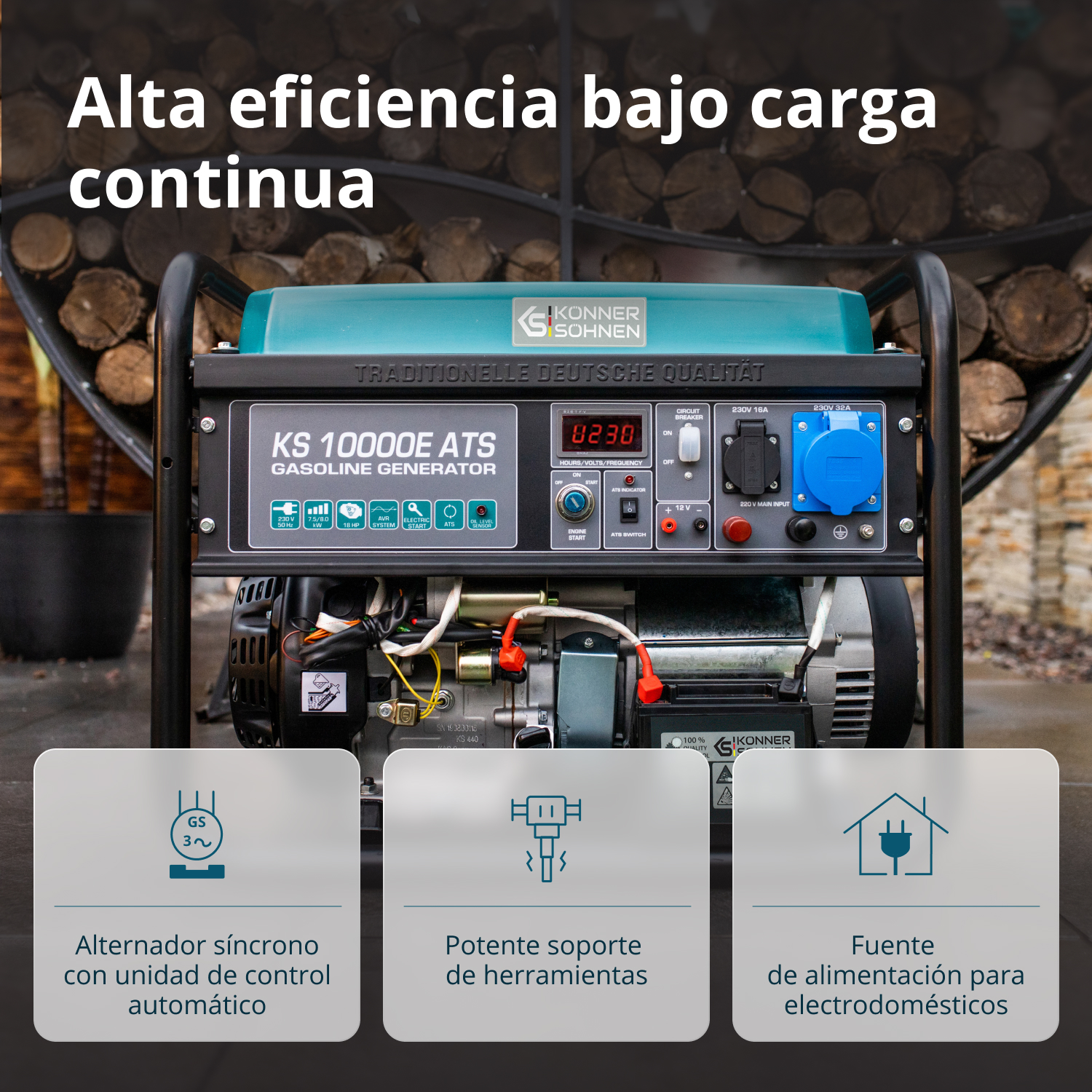 Generator benzynowy z turkusowym blatem i czarną ramą. Posiada panele sterowania i gniazda zasilania. Tekst: 'Alta eficiencia bajo carga continua'.