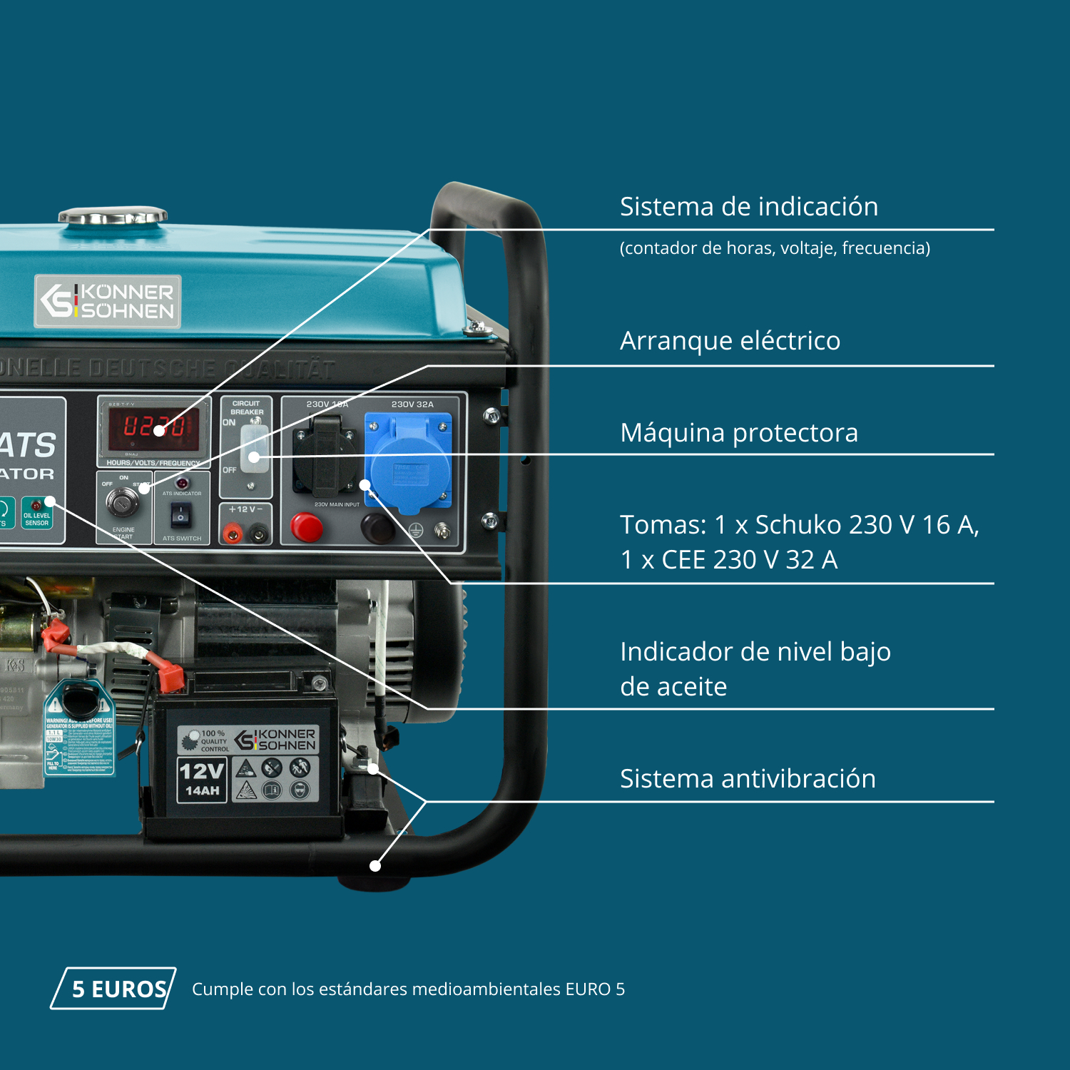 Generator z czarną ramą i niebieskim blatem. Posiada różne oznaczone elementy i gniazda wyjściowe.