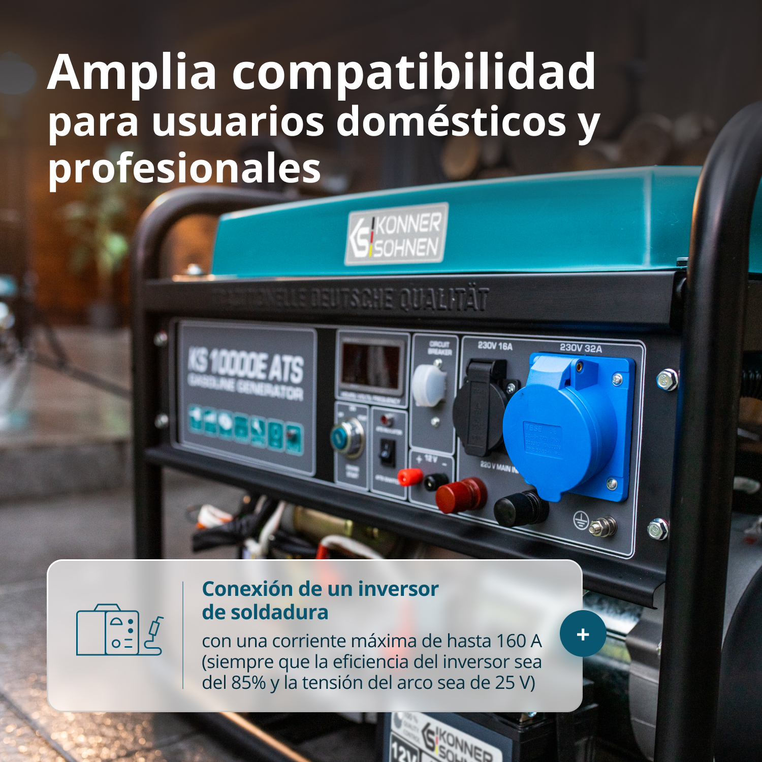 Turkusowy i czarny generator z niebieskimi i czarnymi gniazdami. Tekst brzmi "Amplia compatibilidad para usuarios domésticos y profesionales."