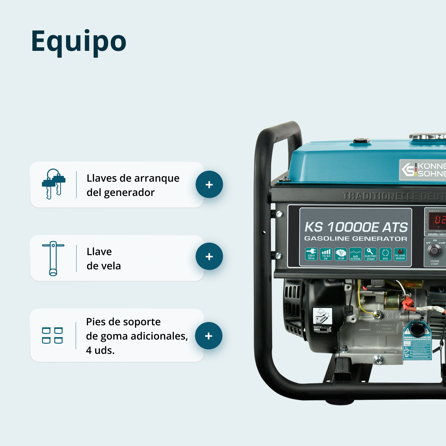 Generator benzynowy z turkusowym blatem i czarną ramą. Posiada etykiety z tekstem i ikonami oraz model KS 10000E ATS.