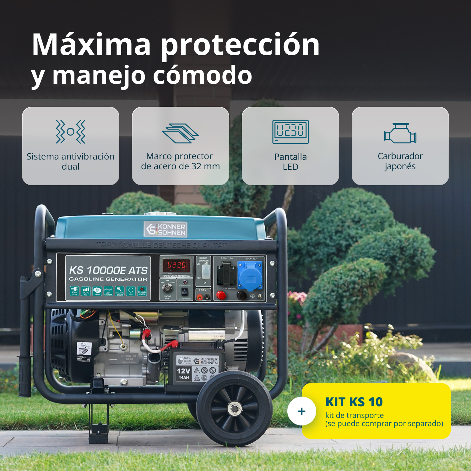 Un generador de gasolina sobre una superficie pavimentada. Tiene ruedas, una pantalla digital y varios puertos de conexión. El texto incluye 'KS 10000E ATS'.