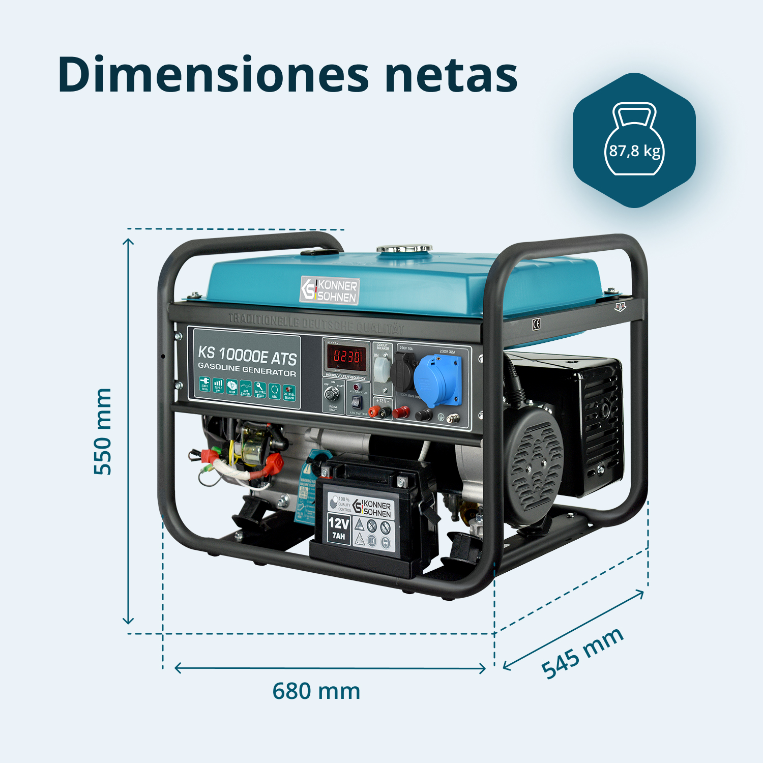 Un generador de gasolina con dimensiones. Marco negro, tapa azul y varios componentes visibles. Texto: Dimensiones netas, KS 10000E ATS.