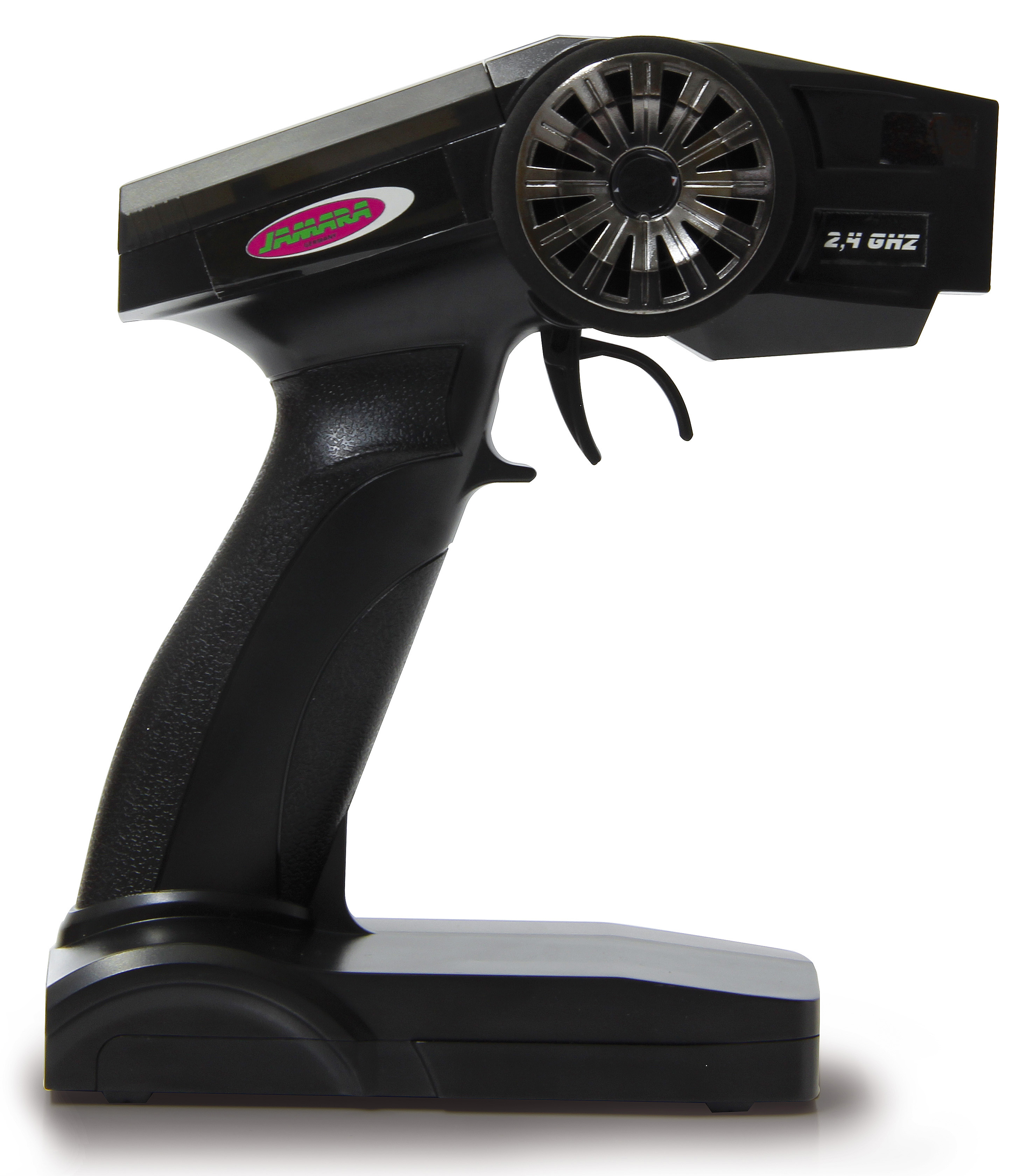 Schwarzer RC-Controller mit silbernem Rad, Auslöser und Griff. Der Markenname ist Jamara.