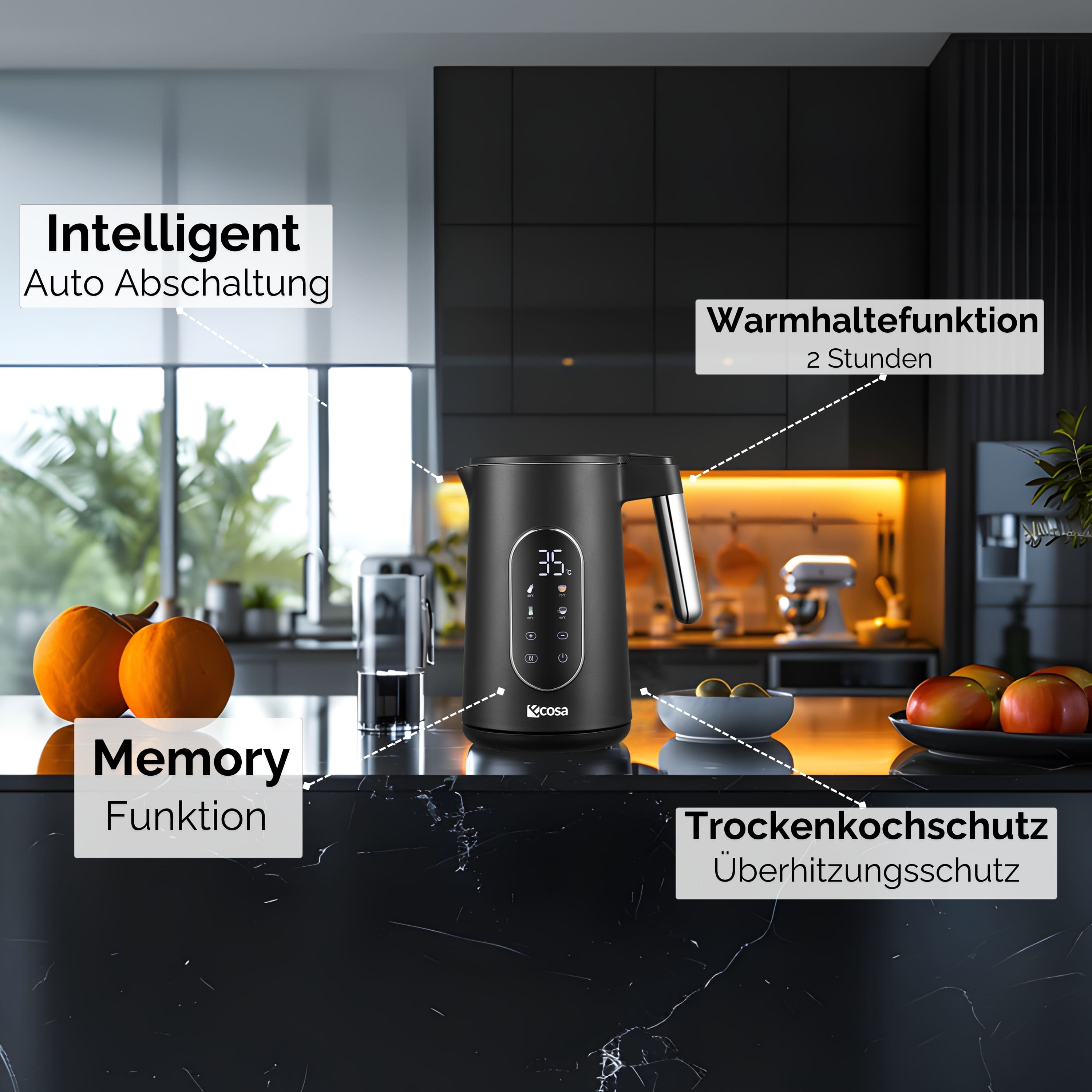 Ein schwarzer Wasserkocher auf einer Küchenarbeitsplatte. Zu den Merkmalen gehören Temperaturregelung, Speicherfunktion und Abschaltautomatik.
