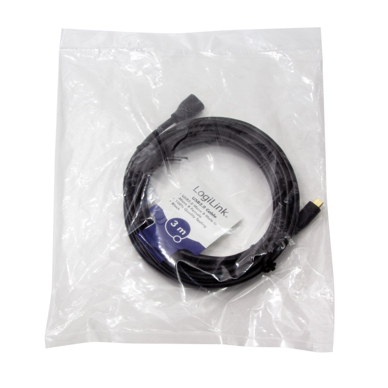 Ein schwarzes USB-Kabel, in einer transparenten Plastiktüte aufgerollt. Das Etikett zeigt LogiLink USB2.0-Kabel, mit einer Länge von 3 m.