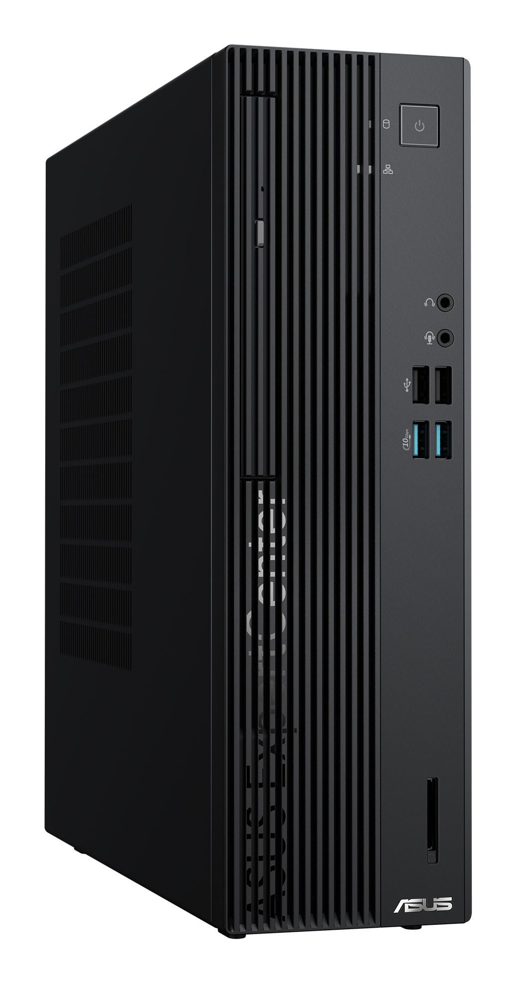Un case per computer desktop nero con linee verticali. Ha porte e un logo ASUS. Pulsante di accensione e altre porte visibili.