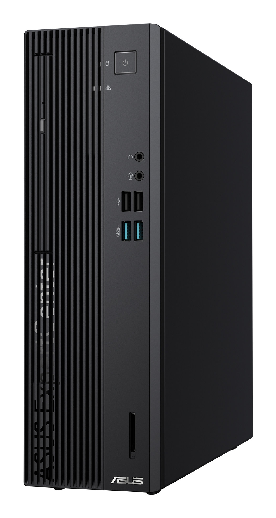Un computer desktop ASUS nero. Ha un pulsante di accensione, porte USB, jack audio e un lettore di schede. La parte anteriore ha linee verticali.