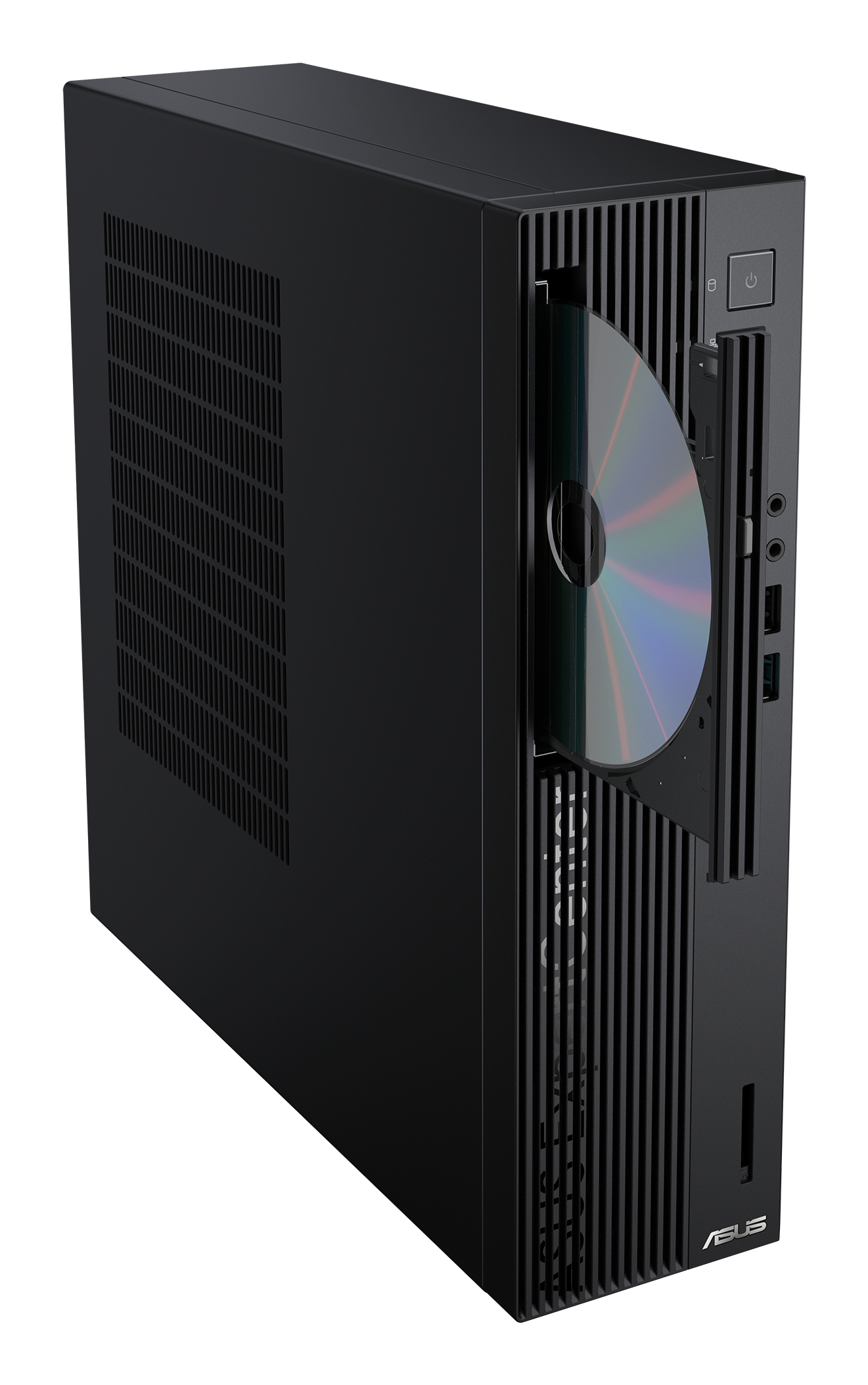 Un case per computer nero con un CD nell'unità. L'involucro ha linee verticali e un pulsante di accensione. Il logo ASUS è visibile.
