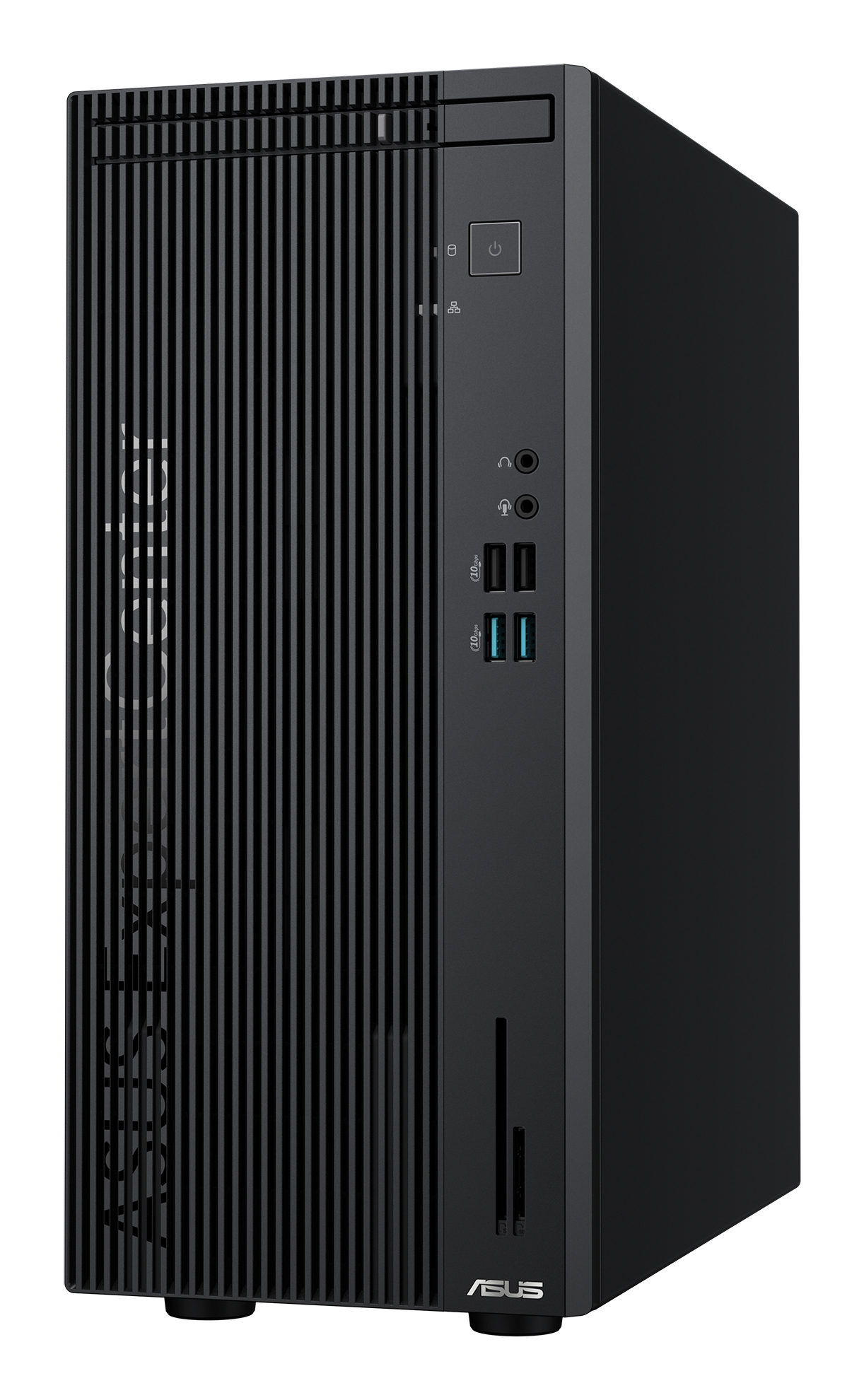 Un case per computer desktop nero con linee verticali sulla parte anteriore. Ha un pulsante di accensione, porte USB e un logo ASUS.